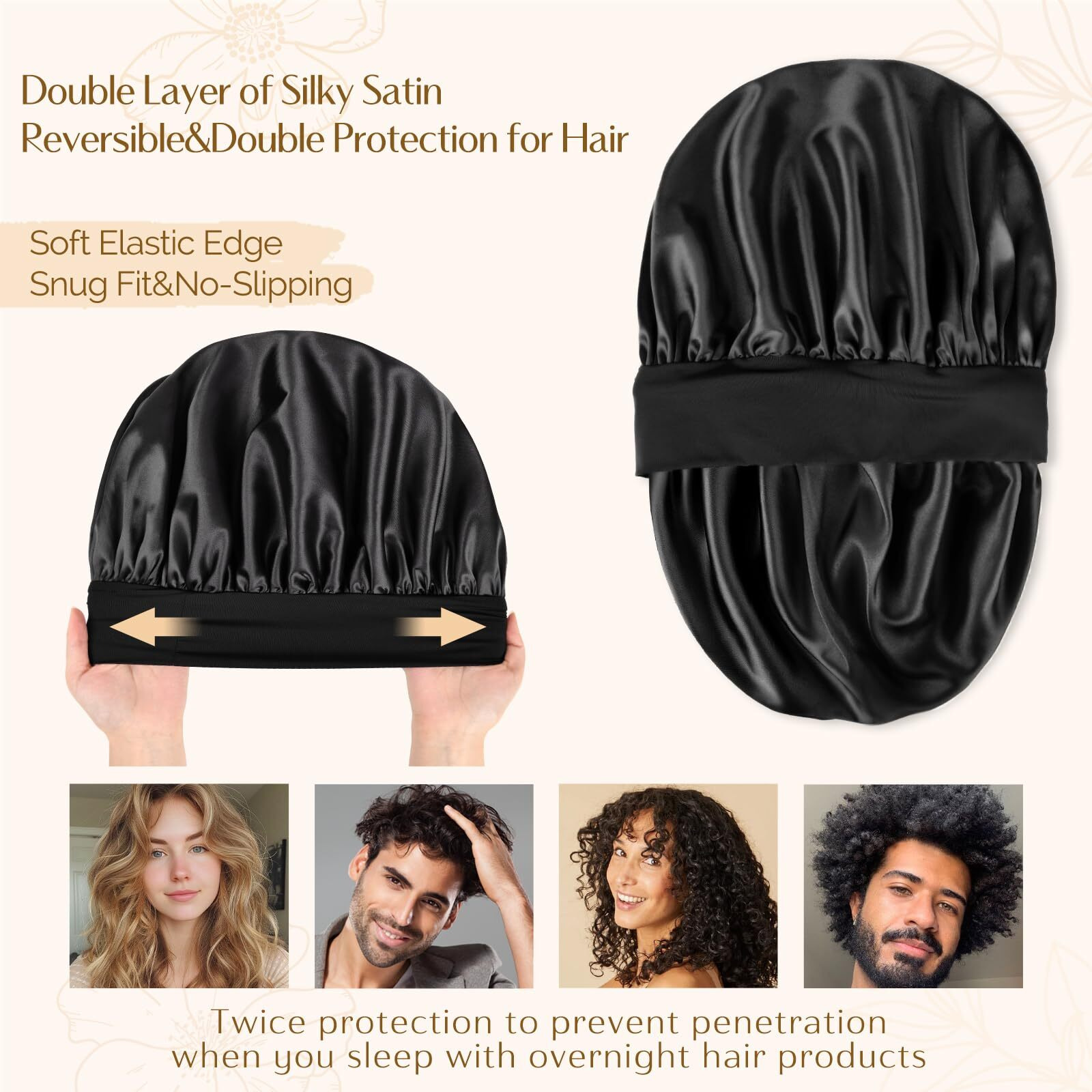 Yanibest Bonnet For Men Hair Bonnet For Sleeping Double Layer Satin Bonnets For Black Women Curly Hair Braids,Black