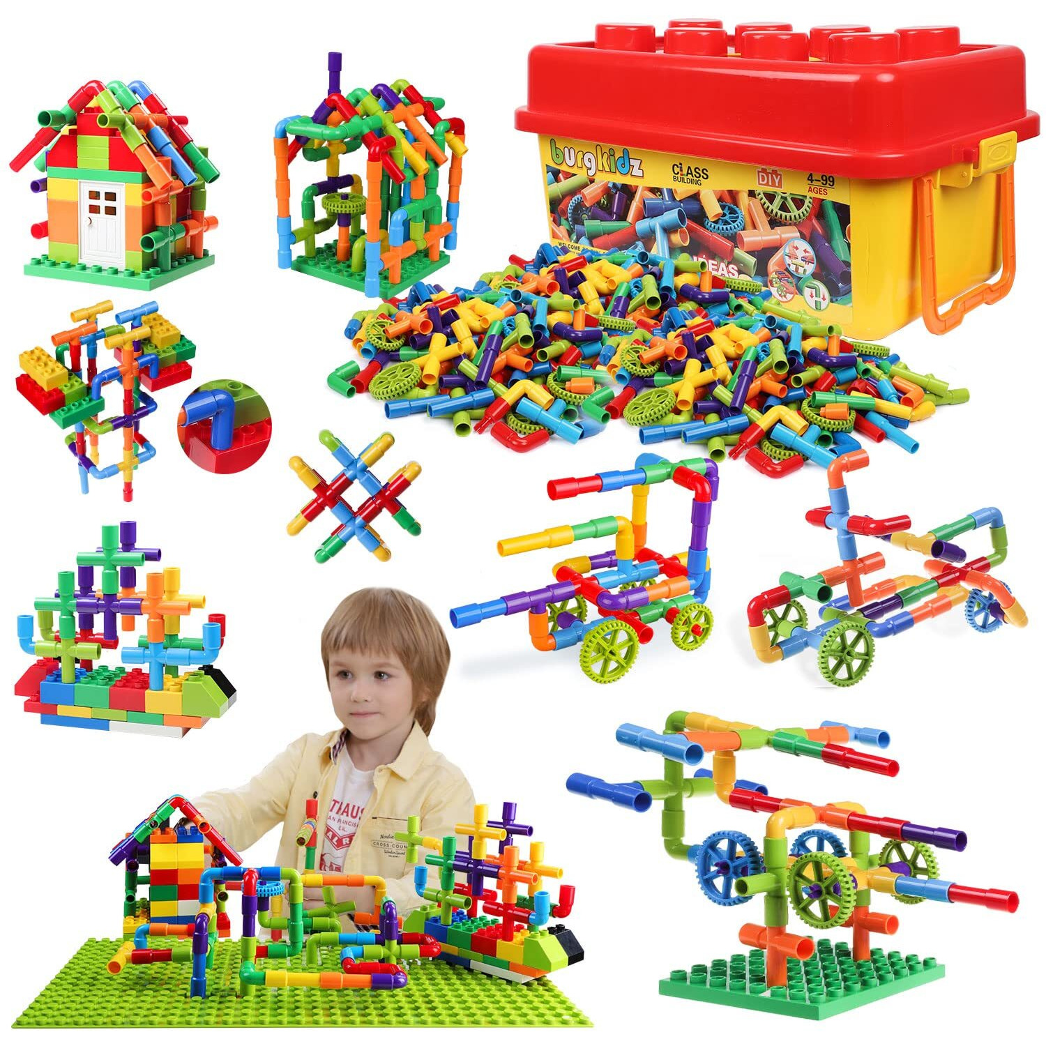 Burgkidz 426 Pieces Toy Pipe, Creative Stem Tube Locks Construction With Wheels And Mini Baseplate, Interlocking Educational Sensory Kit, Preschool Learning Toys For Boy And Girls Ages 3+