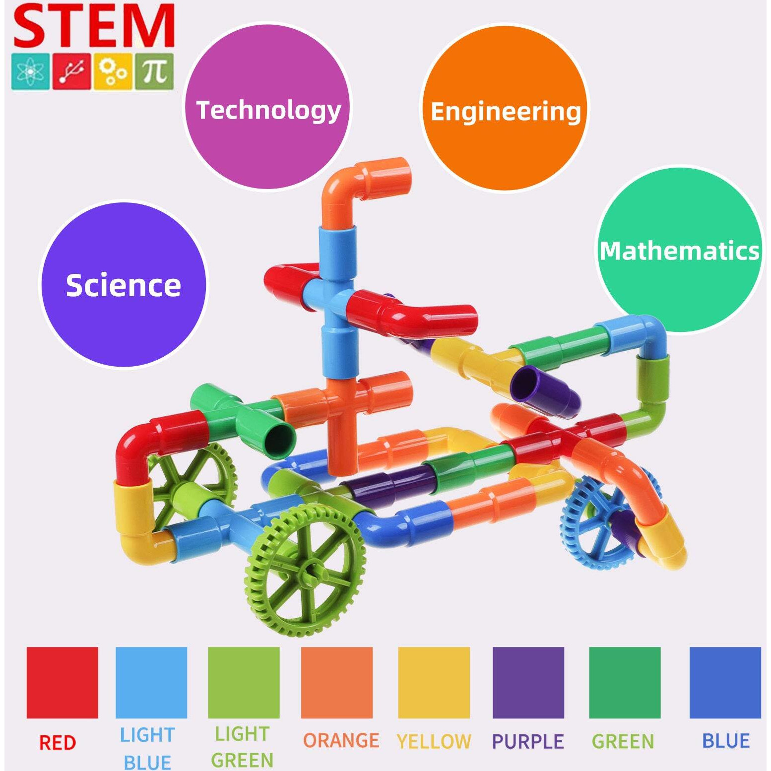 Burgkidz 426 Pieces Toy Pipe, Creative Stem Tube Locks Construction With Wheels And Mini Baseplate, Interlocking Educational Sensory Kit, Preschool Learning Toys For Boy And Girls Ages 3+