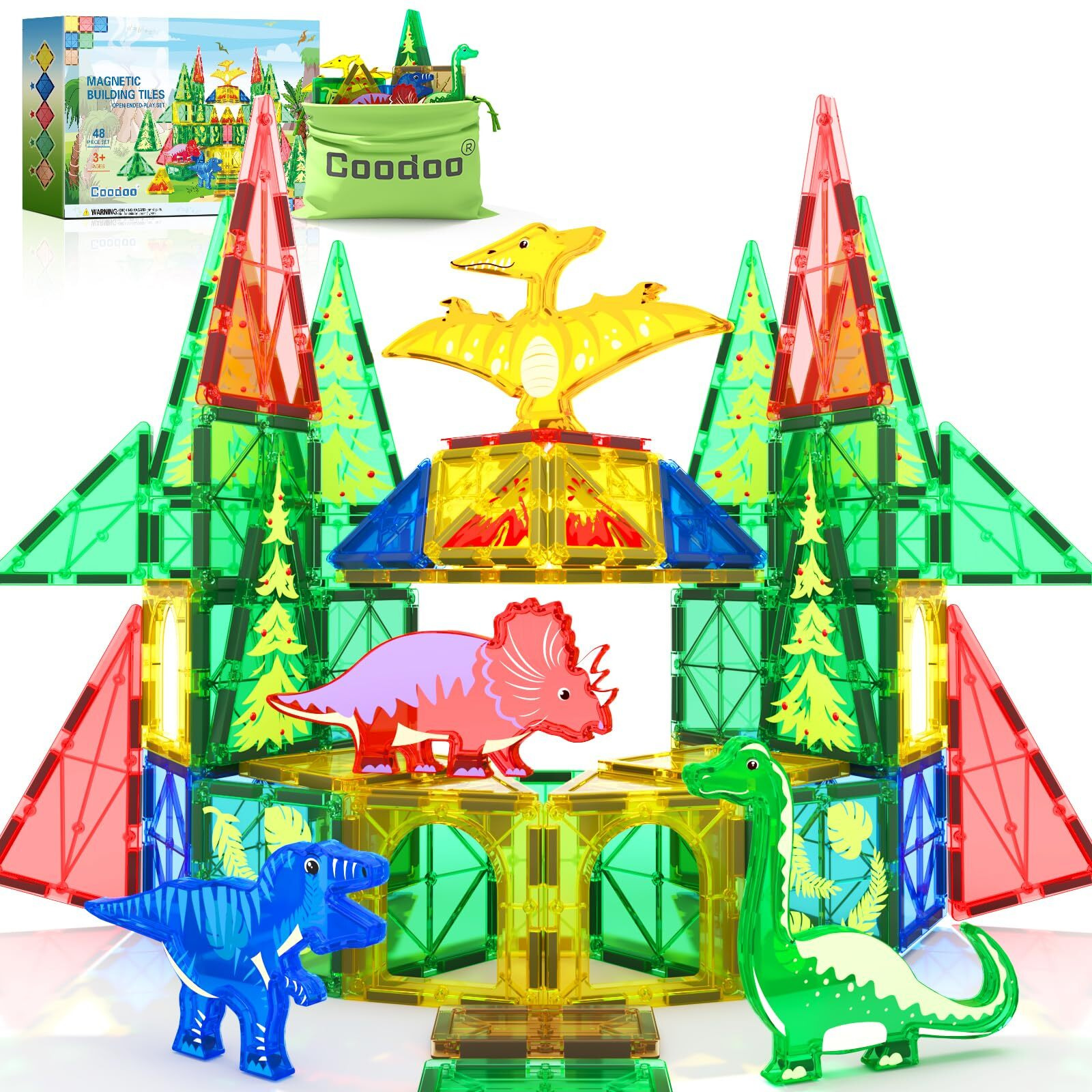Dinosaur Toys Magnetic Tiles - Magnet Building Blocks For Toddler Kids Toys Stem Sensory Outdoor Toys For 3+ Year Old Boys And Girls, Dinosaur World Creative Games Kids Toys