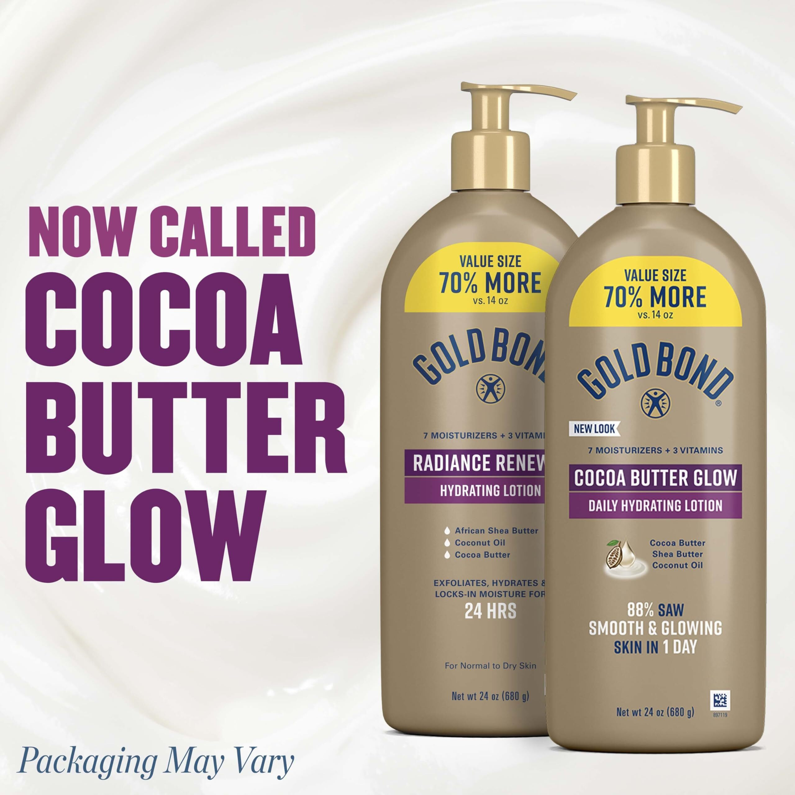 Gold Bond Cocoa Butter Glow Daily Hydrating Lotion With Shea Butter, Cocoa Butter & Coconut Oil, Exfoliating Moisturizer For Dry Skin, 24 Oz.