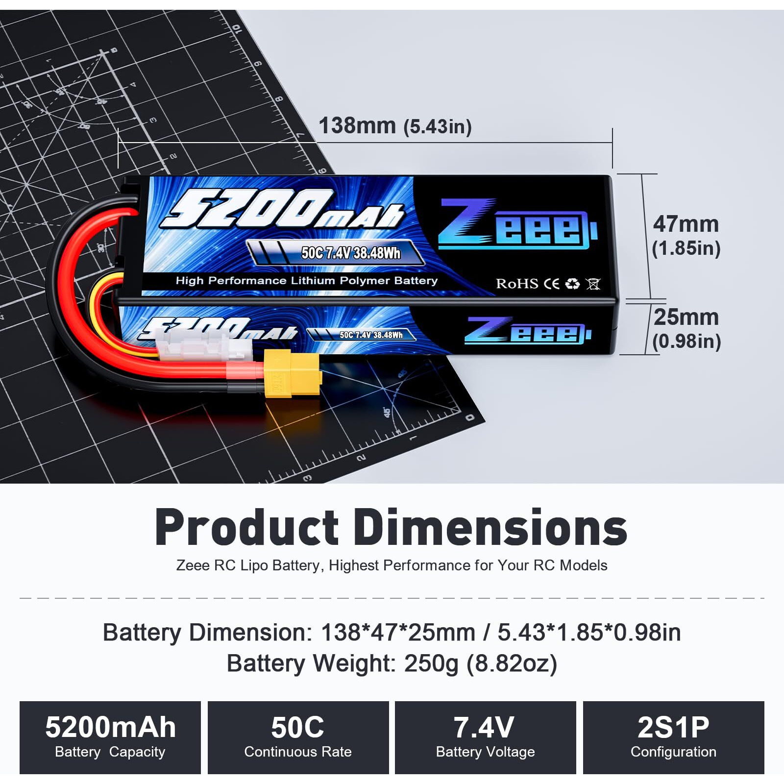 Zeee 2S Lipo Battery 7.4V 5200Mah 50C Battery With Xt60 Plug Hard Case For 1/8 1/10 Rc Vehicles Car Slash Rc Buggy Truggy Rc Airplane(2 Pack)