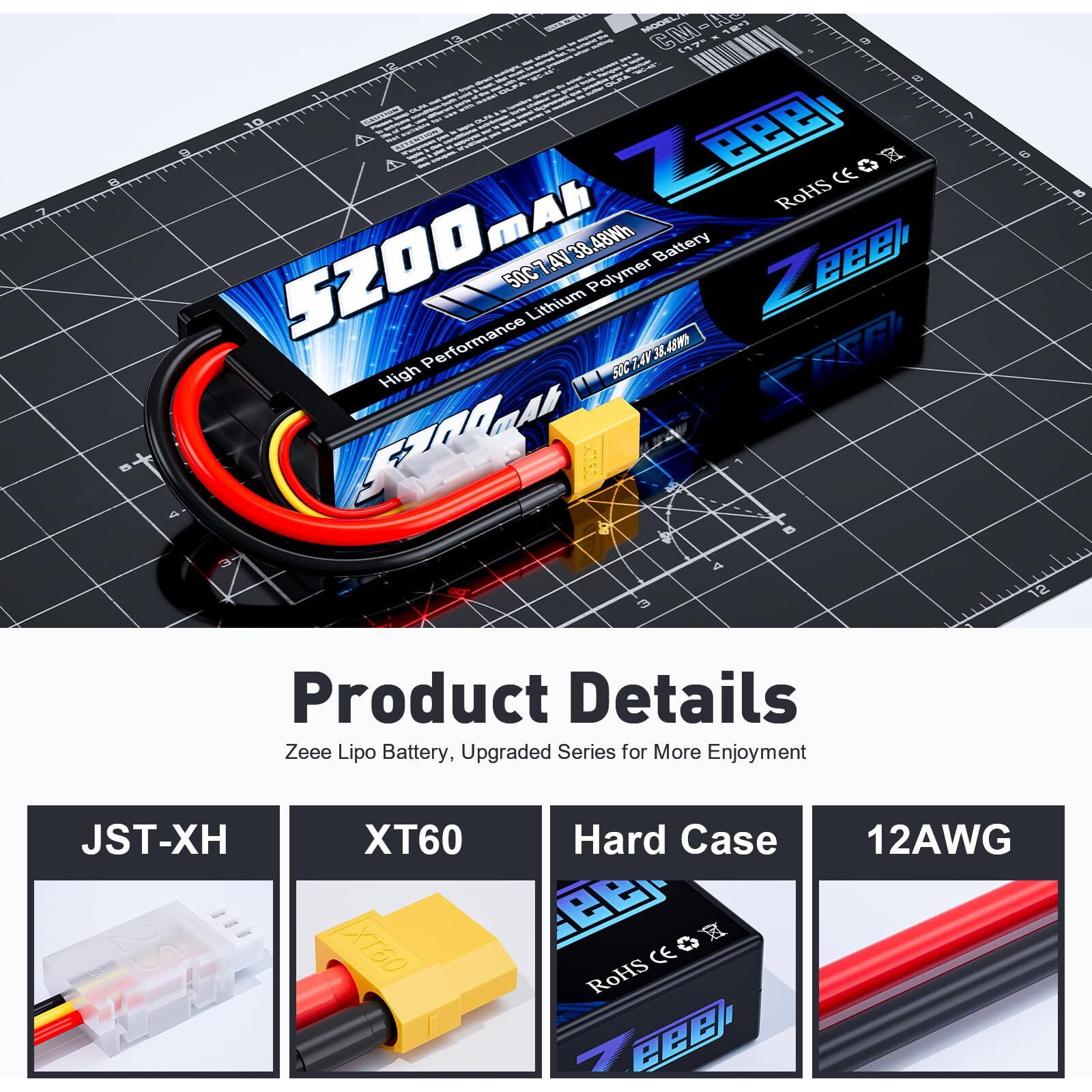Zeee 2S Lipo Battery 7.4V 5200Mah 50C Battery With Xt60 Plug Hard Case For 1/8 1/10 Rc Vehicles Car Slash Rc Buggy Truggy Rc Airplane(2 Pack)