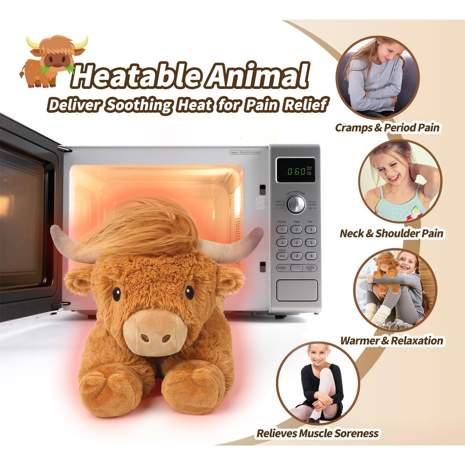 Cuckool Highland Cow Stuffed Animals, Microwavable Stuffed Animal Adorable Fluffy Highland Cow Plush For Warmth, Heatable Coolable Lavender Scent Toy, Cute Soft Plushie Gift For Kids Boy Girl & Adults