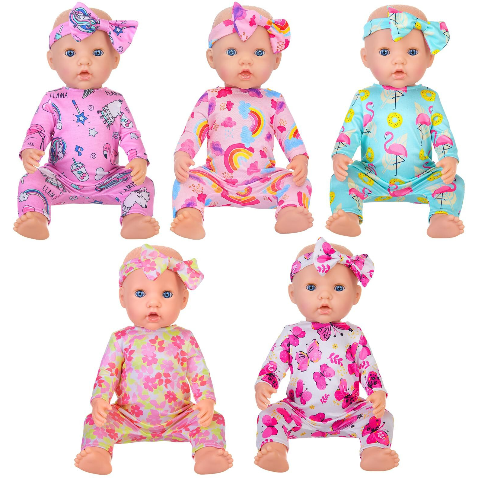 Ecore Fun 5 Sets Baby Doll Clothes And Headbands Baby Doll Accessories Set For 14 -16 Inch Doll, Total 10 Pcs Cute Pattern Jumpsuit Doll Clothes And Accessories For 15 Inch Baby Dolls 18 Inch Dolls