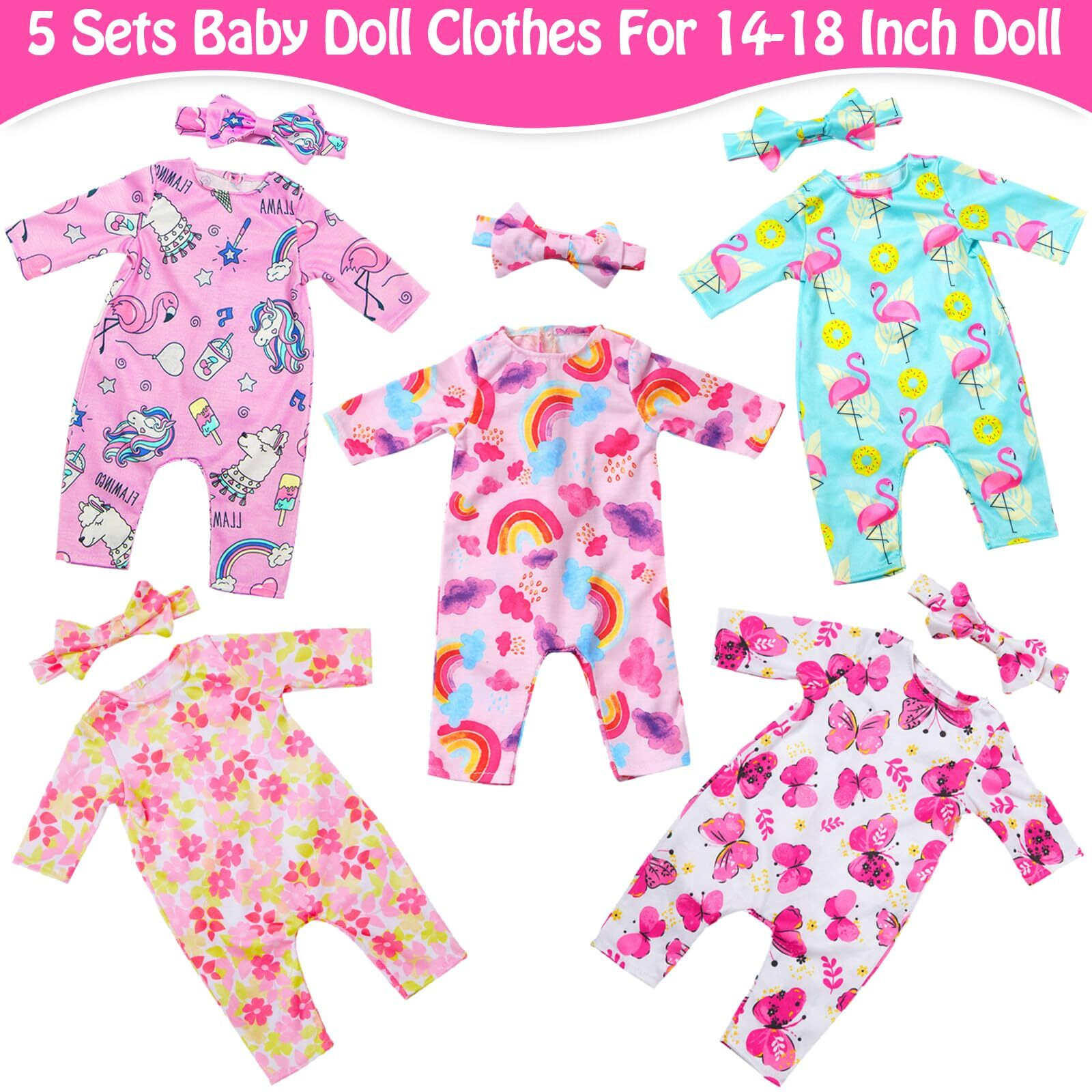 Ecore Fun 5 Sets Baby Doll Clothes And Headbands Baby Doll Accessories Set For 14 -16 Inch Doll, Total 10 Pcs Cute Pattern Jumpsuit Doll Clothes And Accessories For 15 Inch Baby Dolls 18 Inch Dolls