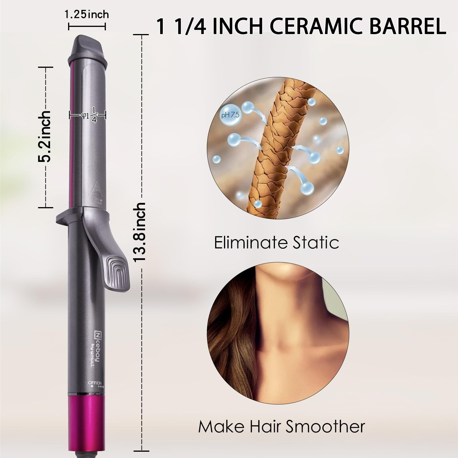 Nicebay Curling Iron, 1 1/4 Inch Hair Curling Iron With Ceramic Coating, Professional Curling Wand, Fast Heating Up To 430F, Temperature Led Display, Wide Voltage For Worldwide, 60 Mins Auto Off
