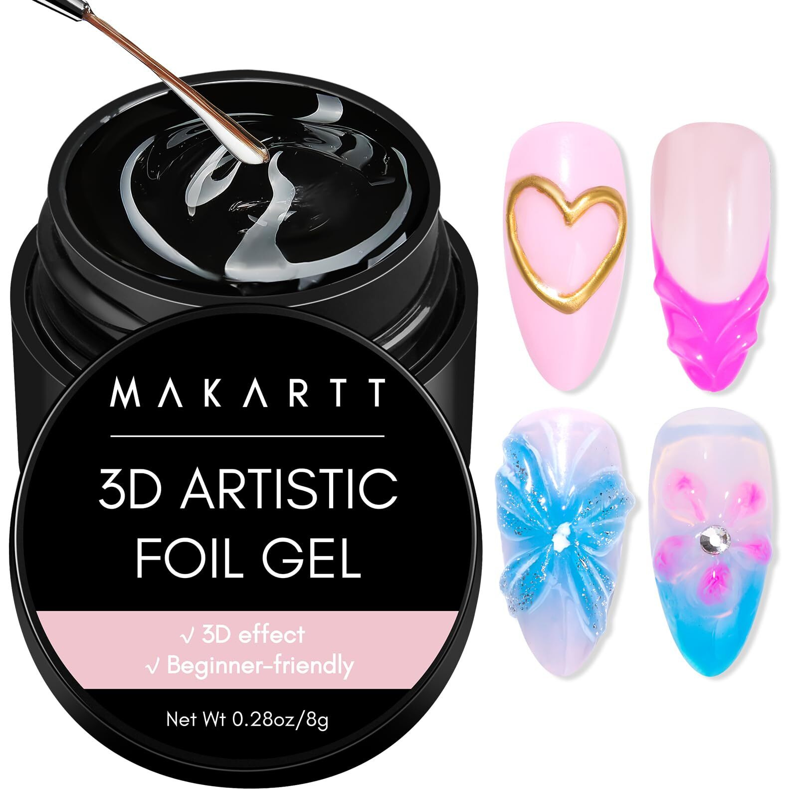 Makartt 3D Nail Gel 8 Ml Nail Foil Glue Uv Nail Glue, Nail Charm Glue Transfer Gel For Nail Foil Sheets 3D Gel Nail Art With Chrome Nail Powder Salon Diy Use, Uv Led Lamp Required