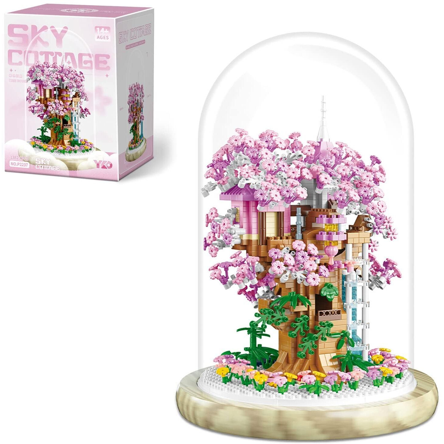 Insgen Cherry Blossom Bonsai Tree House Building Flowers Set For Adults, 1382 Pcs Micro-Particle Ideas Sakura Tree Building Blocks, Complete With String Lights, Dust Cover, And Wooden Base