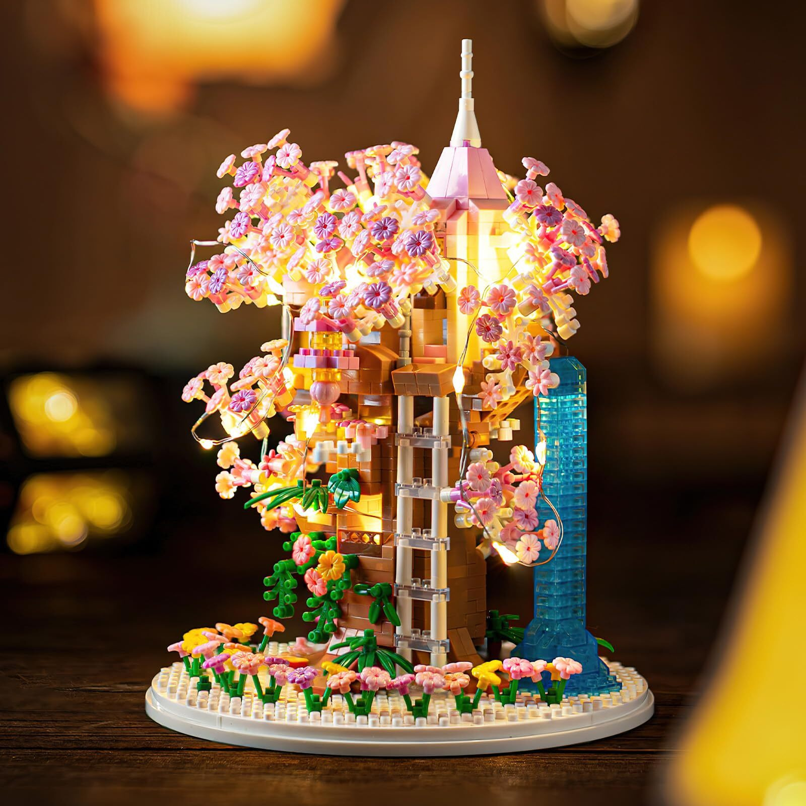 Insgen Cherry Blossom Bonsai Tree House Building Flowers Set For Adults, 1382 Pcs Micro-Particle Ideas Sakura Tree Building Blocks, Complete With String Lights, Dust Cover, And Wooden Base