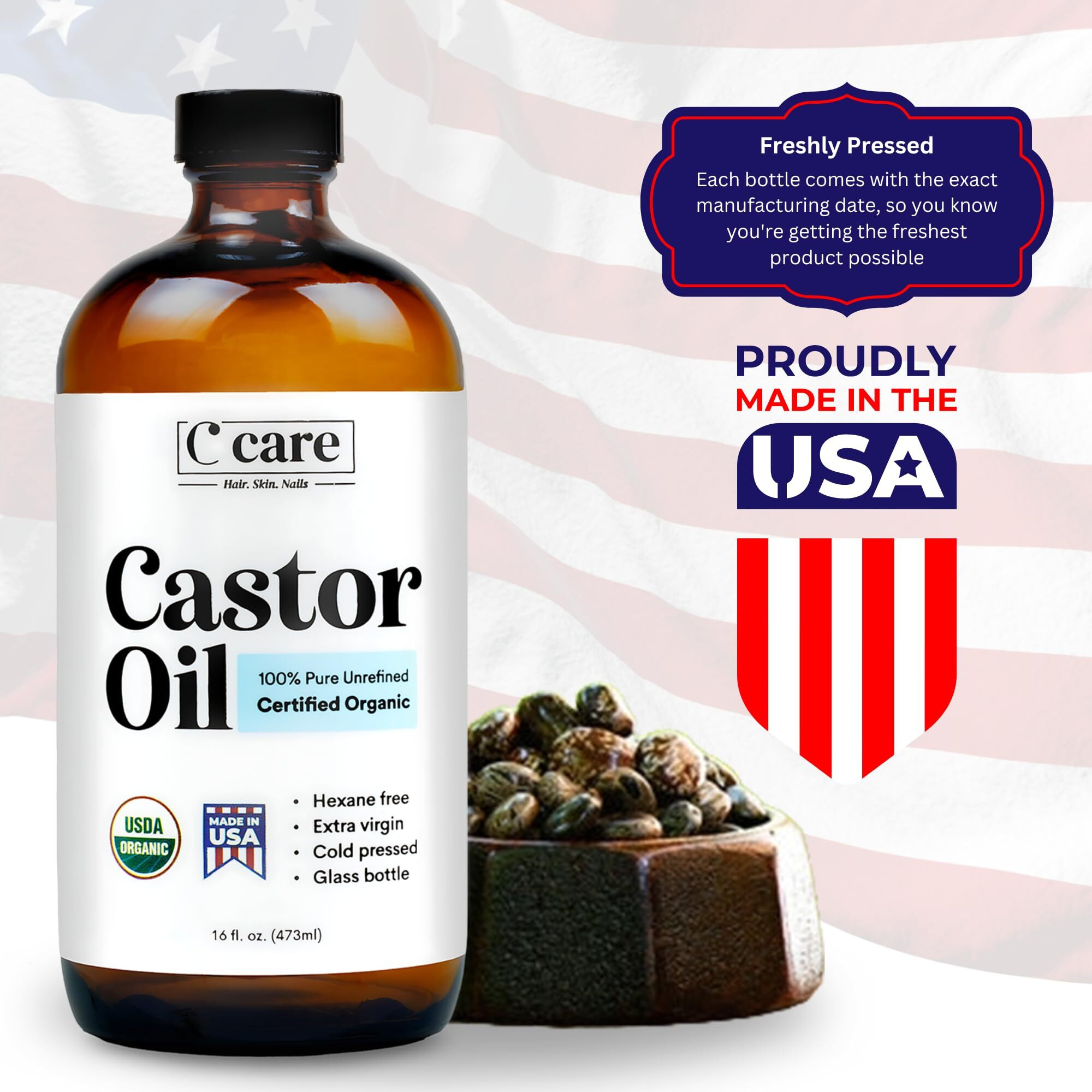 Castor Oil Organic Cold Pressed Unrefined Glass Bottle Hexane Free Extra Virgin Usda Certified 100% Pure Organic Castor Oil For Hair Growth Eyebrows Eyelashes Skin Use With Castor Oil Pack Wrap 32Oz