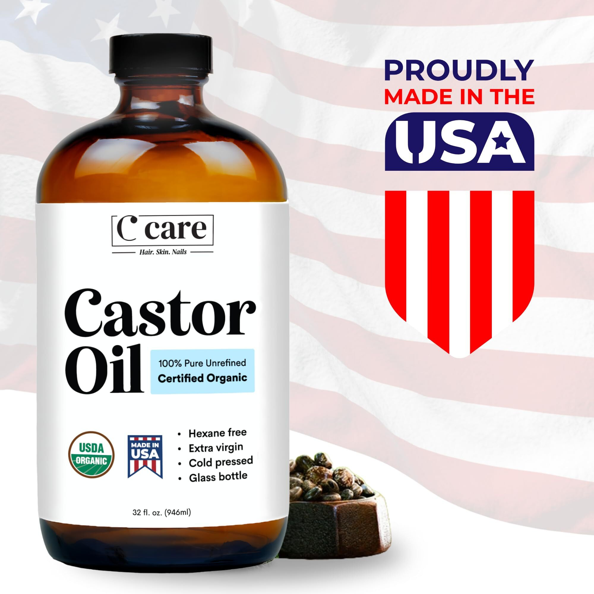 Castor Oil Organic Cold Pressed Unrefined Glass Bottle Hexane Free Extra Virgin Usda Certified 100% Pure Organic Castor Oil For Hair Growth Eyebrows Eyelashes Skin Use With Castor Oil Pack Wrap 32Oz