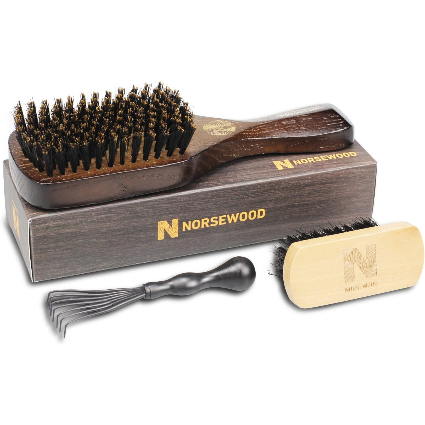 Norsewood Boar Bristle Brush For Shine And Texture - Stiff Bristles For Medium Hair/Beards, Cleaning Brush Included