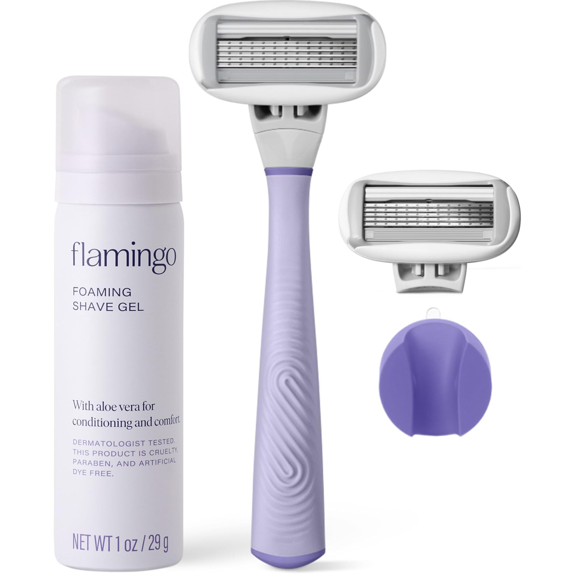 Flamingo Razors For Women Shave Set, 1 Women's Razor Handle (Lilac), 2 Razor Five-Blade Refills, 1 Oz. Foaming Shave Gel, And 1 Shower Holder
