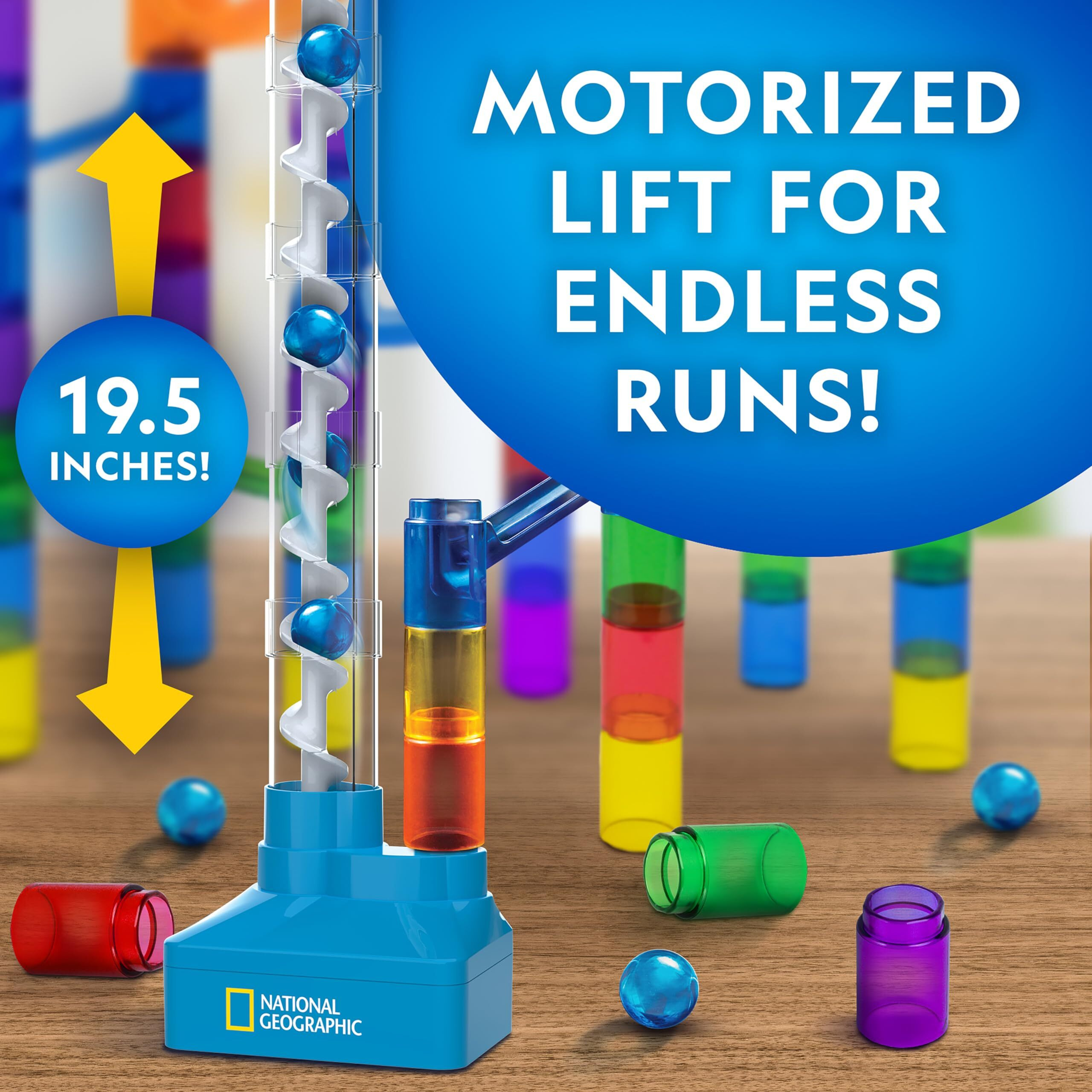 National Geographic Marble Run With Motorized Elevator - 150-Piece Marble Maze Kit With Motorized Spiral Lift, 30 Marbles, Storage Bag & More, Perpetual Motion Machine, Marble Game, Kids Physics Toys