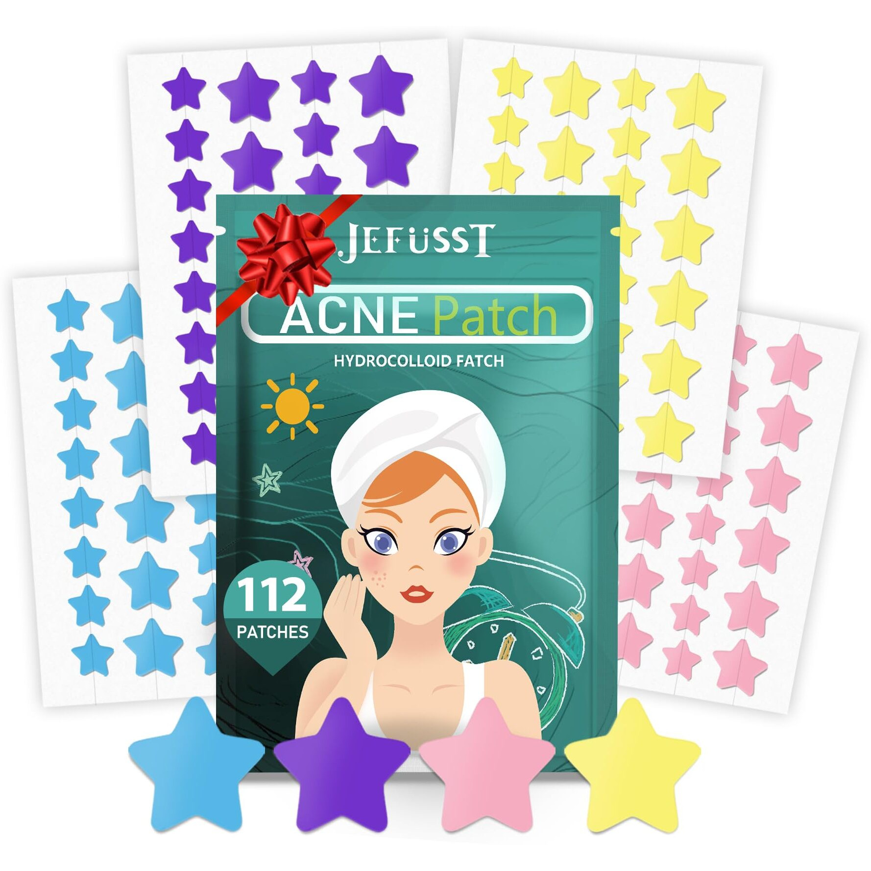 Jefusst Star Acne Patches 112 Dots, Star Pimple Patch Pimple Patches Hydrocolloid Acne Patches For Face Cute Zit Patches Pimple Stickers Acne Dots - Purple, Blue, Green And Yellow