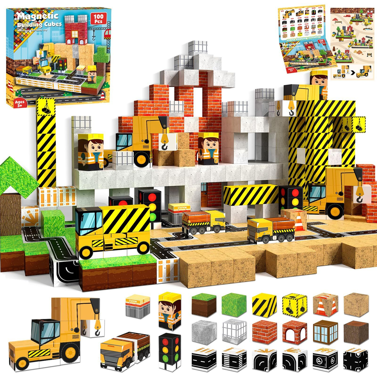 Magnetic Blocks-100Pcs Magnetic Building Blocks, Magnetic Blocks Road Magnetic Tiles With Car Stem Toddler Kids Toys, Construction Toys For Kids Ages 3+, Christmas Birthday Gifts For Boys & Girls