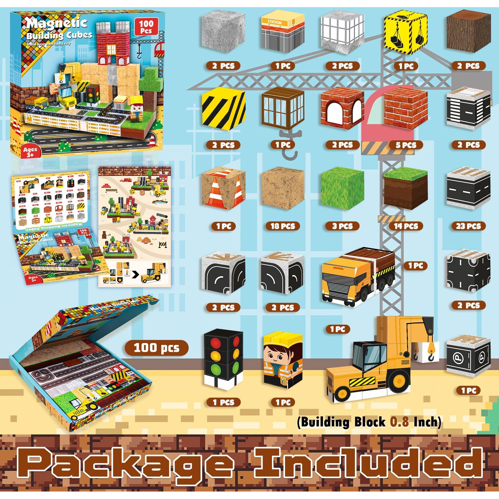 Magnetic Blocks-100Pcs Magnetic Building Blocks, Magnetic Blocks Road Magnetic Tiles With Car Stem Toddler Kids Toys, Construction Toys For Kids Ages 3+, Christmas Birthday Gifts For Boys & Girls