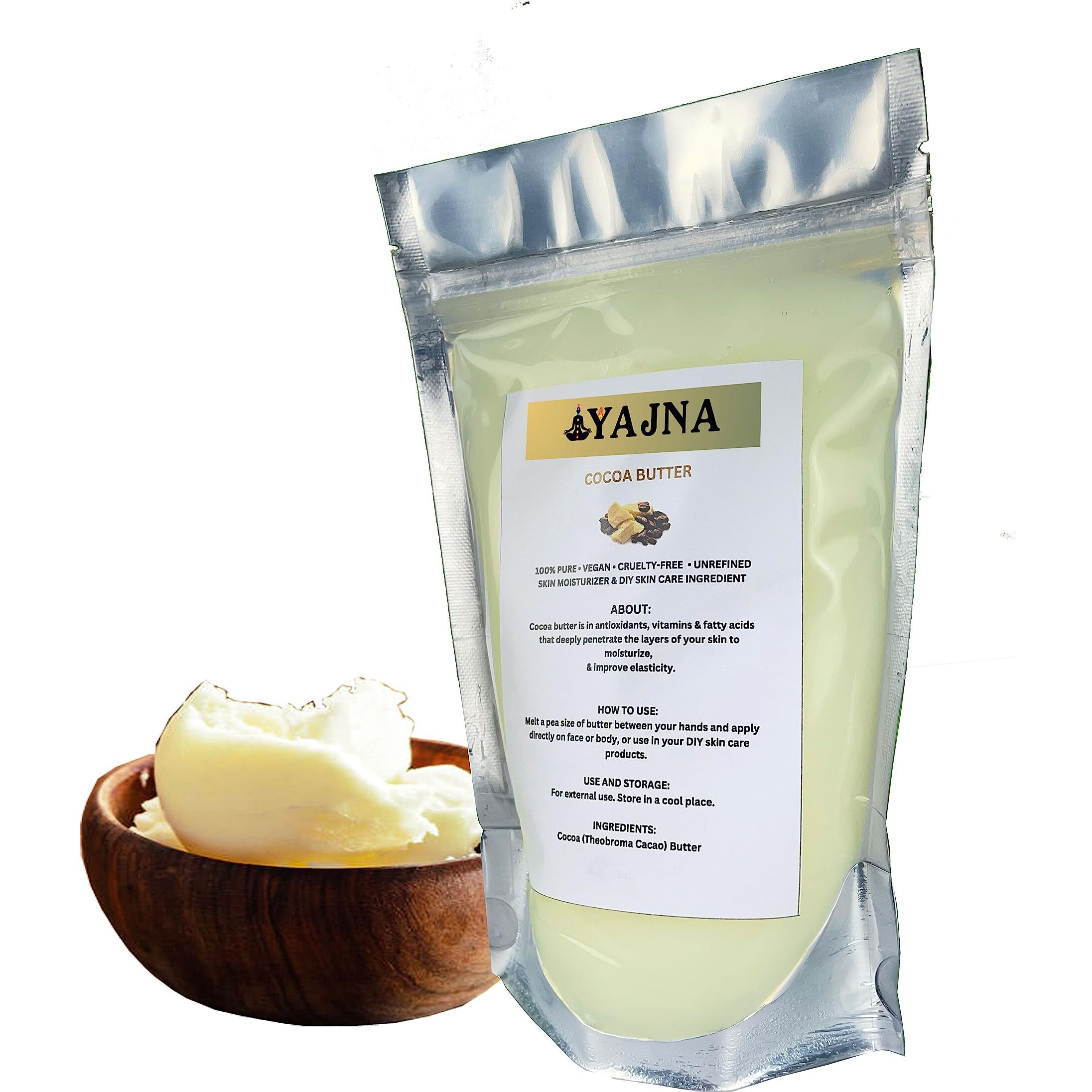 Yajna Organic Raw Cocoa Butter 100% Pure,Natural & Unrefined| Skin Moisturizer For Face, Body & Hair| 8 Oz/230 Gm Ivory/White Grade A | Diy Creams, Balms, Lotions, Soaps| Softens Dry & Tough Skin