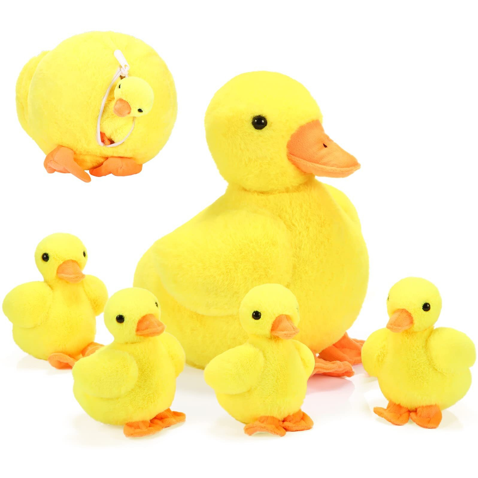 Zomiboo 5 Pieces Duck Stuffed Animals Includes Big Stuff Mommy Duck With 4 Little Baby Duck Plush Toys Soft Duck Family Plush Set With Zipper Pouch For Toddlers Boys Girls (Yellow Duck)