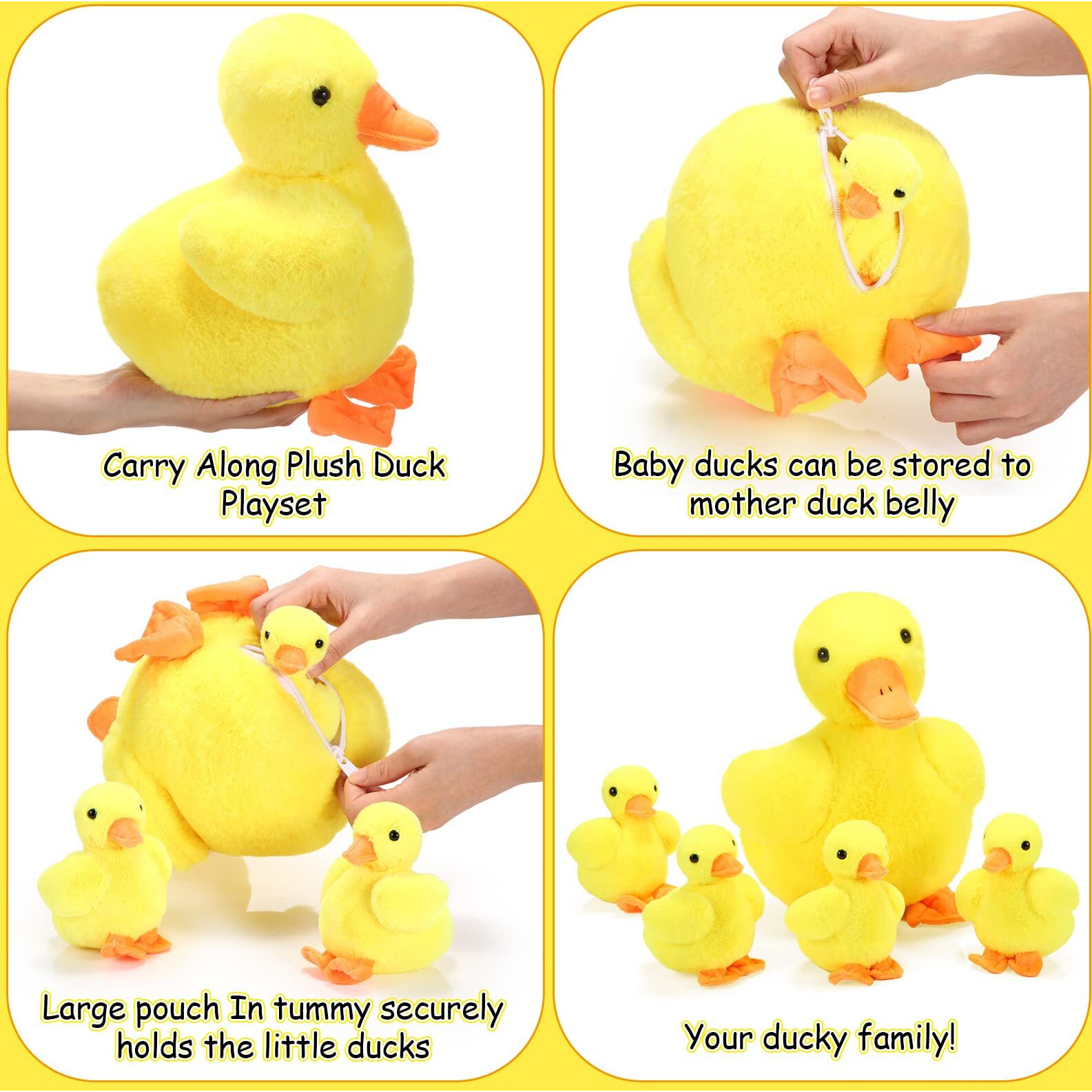 Zomiboo 5 Pieces Duck Stuffed Animals Includes Big Stuff Mommy Duck With 4 Little Baby Duck Plush Toys Soft Duck Family Plush Set With Zipper Pouch For Toddlers Boys Girls (Yellow Duck)