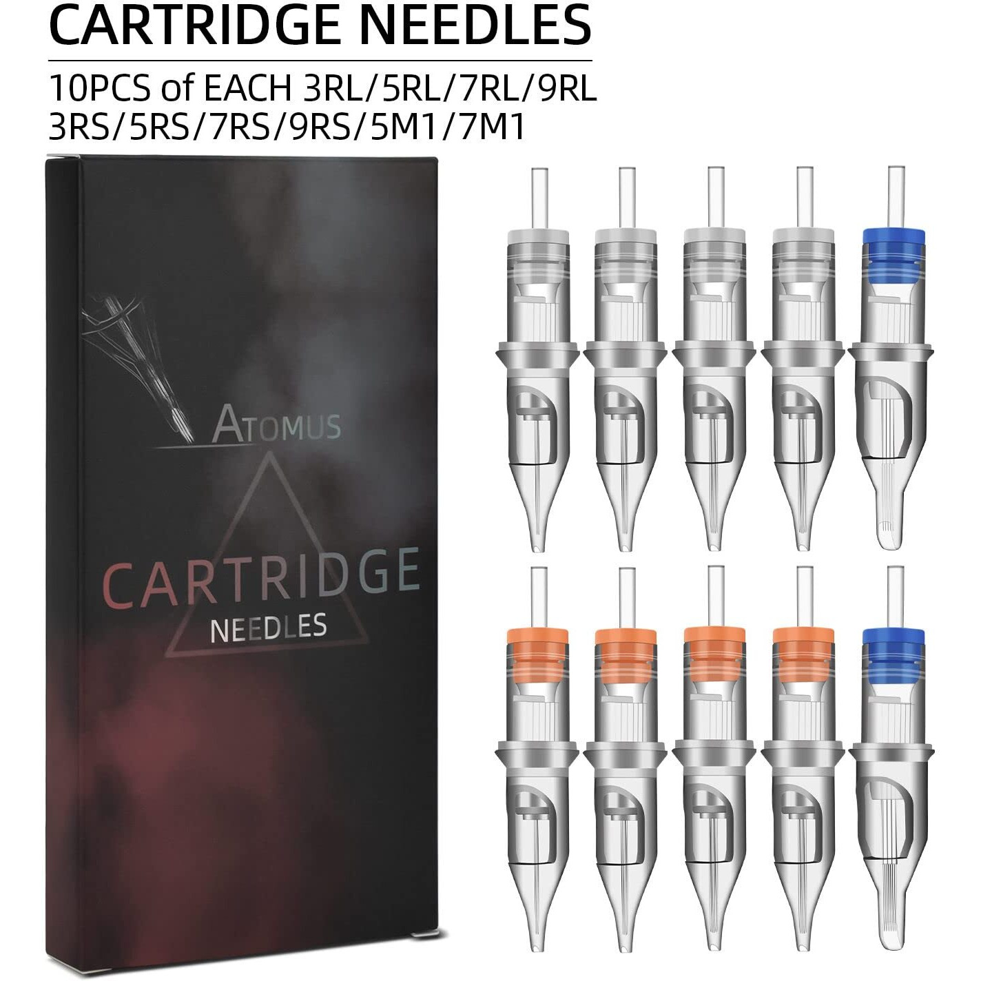 100Pcs Mixed Tattoo Cartridge Needles, Atomus Assorted Disposable Tattoo Needle 3Rl 5Rl 7Rl 9Rl 3Rs 5Rs 7Rs 9Rs 5M1 7M1 For Tattoo Machine