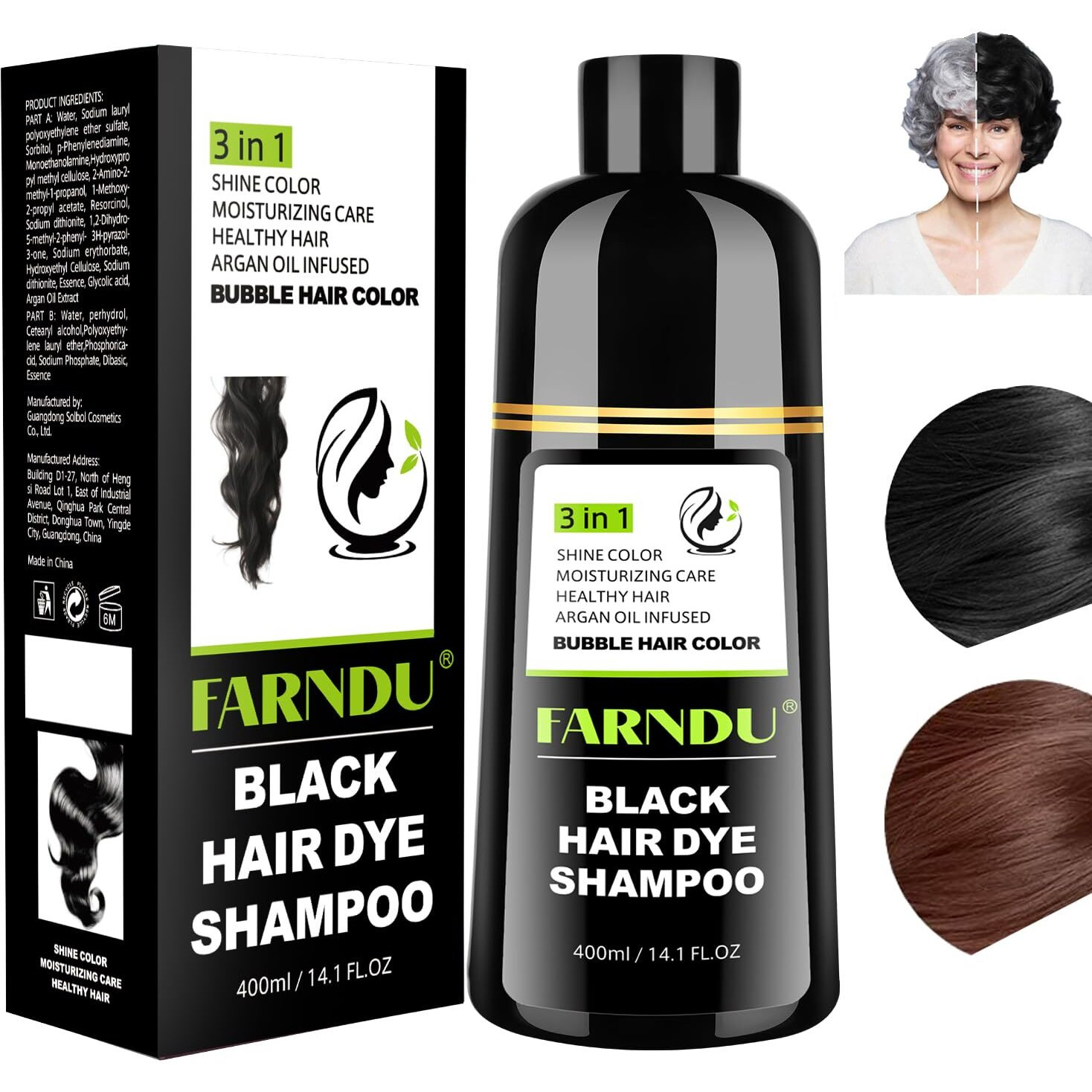 Farndu Black Hair Dye Shampoo, Hair Color Shampoo For Women Men, Champu Para Canas Instant Gray Hair Coverage Natural 3 In 1 Hair Dye Shampoo