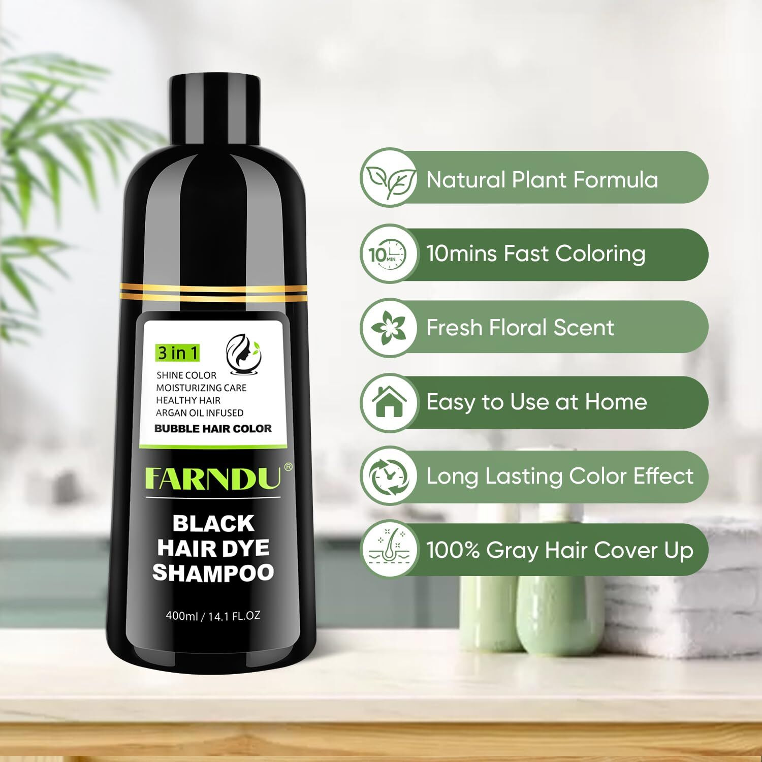 Farndu Black Hair Dye Shampoo, Hair Color Shampoo For Women Men, Champu Para Canas Instant Gray Hair Coverage Natural 3 In 1 Hair Dye Shampoo