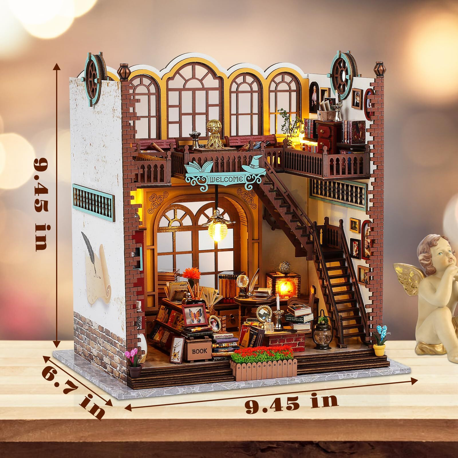 Quanquer Miniature House Kit Magic Book Store Book Nook With Furniture And Led Light - Diy Kits For Adults - Wooden Doll House - Great Handmade Craft Model Kits - Tiny House Decor Ideal Gifts