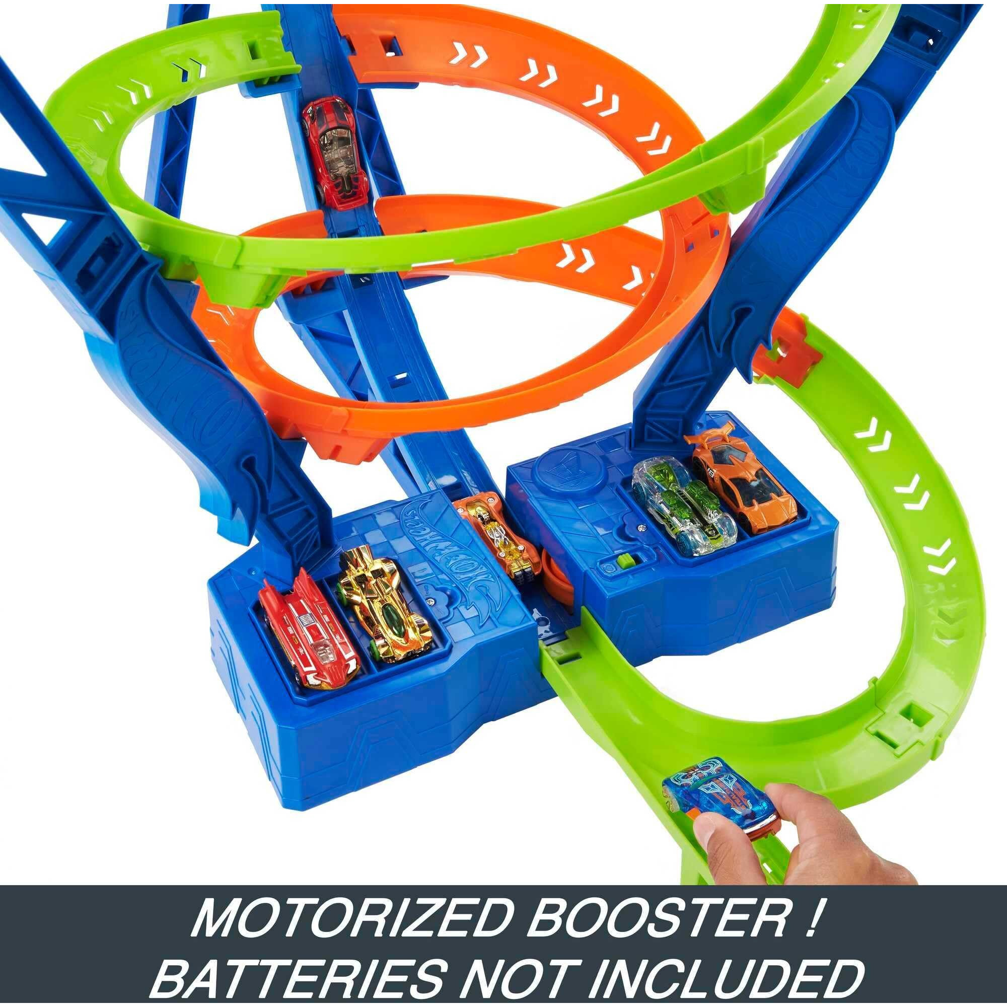 Hot Wheels Toy Car Track Set Spiral Speed Crash, Powered By Motorized Booster, 29-In Tall Track With 164 Scale Car, Connects To Other Tracks