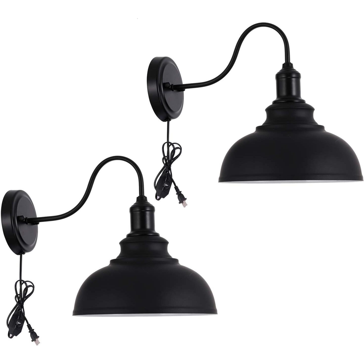 Larkar Dimmable Vintage Wall Lamp Black Industrial Vintage Farmhouse Wall Sconce Lighting Gooseneck Wall Light Fixture With Plug In Cord And On Off Toggle Switch For Bedroom Nightstand, Set Of 2