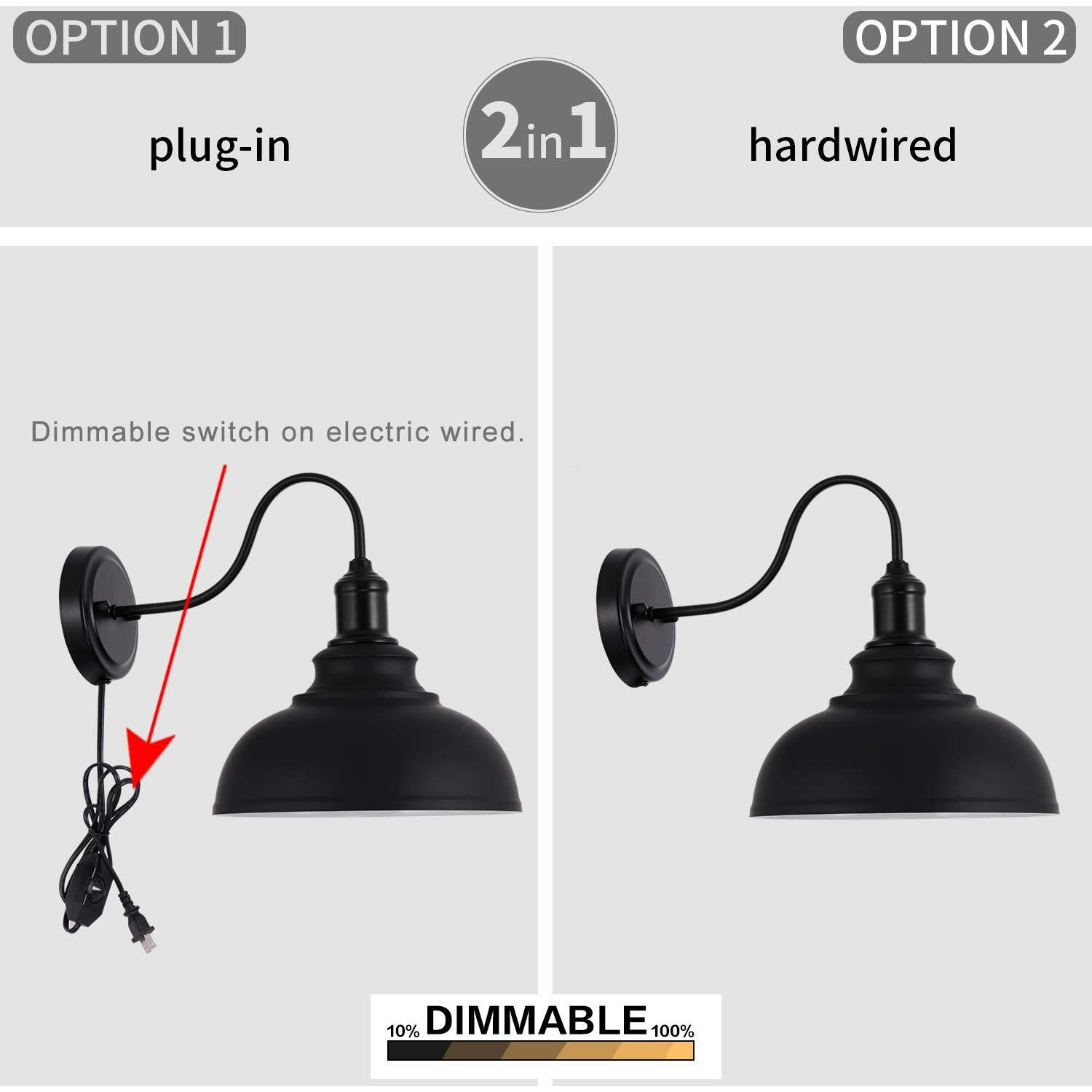 Larkar Dimmable Vintage Wall Lamp Black Industrial Vintage Farmhouse Wall Sconce Lighting Gooseneck Wall Light Fixture With Plug In Cord And On Off Toggle Switch For Bedroom Nightstand, Set Of 2