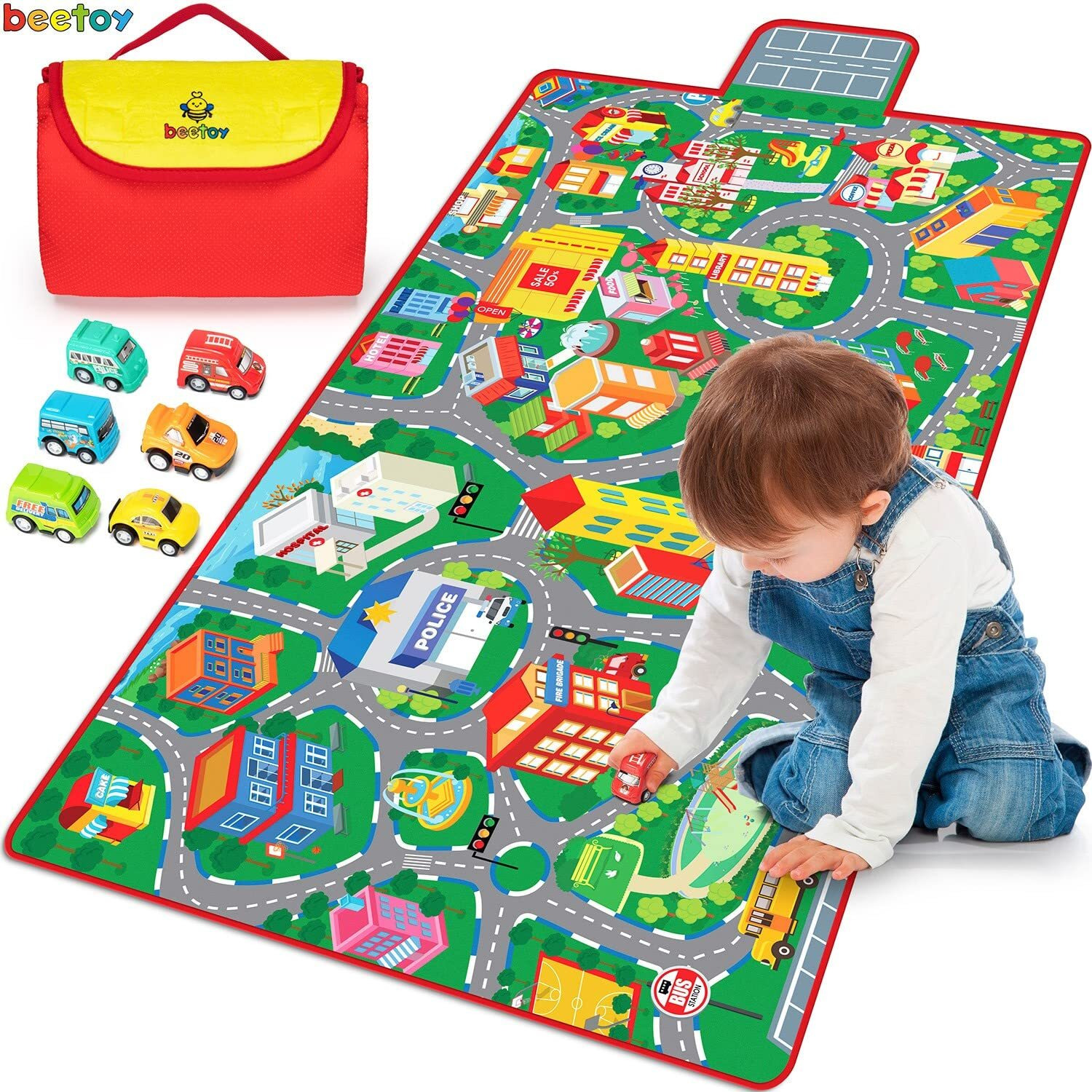 Beetoy Car Rug Play Mat, 31.5"&quotX67"" Car Mat Toy Car Mat With Roads For Kids Car Play Mats Car Rug Portable Anti-Slip City Life Educational Road Traffic Carpet For 6 Toy Cars