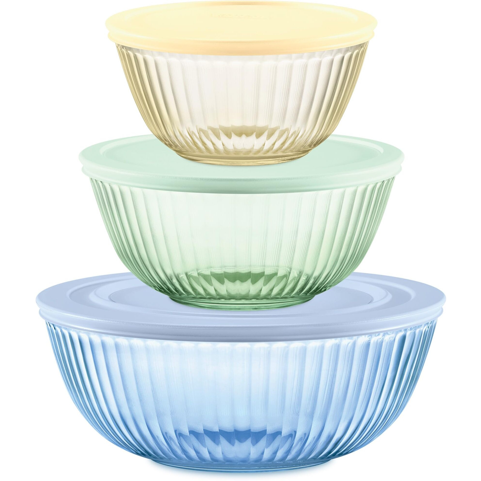 Pyrex Year Of Color Sculpted (3-Pack| 1.3 Qt, 2.3 Qt, 4.5 Qt) Tinted Glass Mixing Bowls Set With Lids For Prepping, Baking And Cooking, Preheated Oven, Dishwasher, Freezer, And Microwave Safe