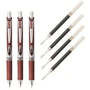 Pentel Energel Deluxe Rtx Liquid Gel Ink Pen Set Kit, Pack Of 3 With 4 Refills (0.7Mm) (Brown)