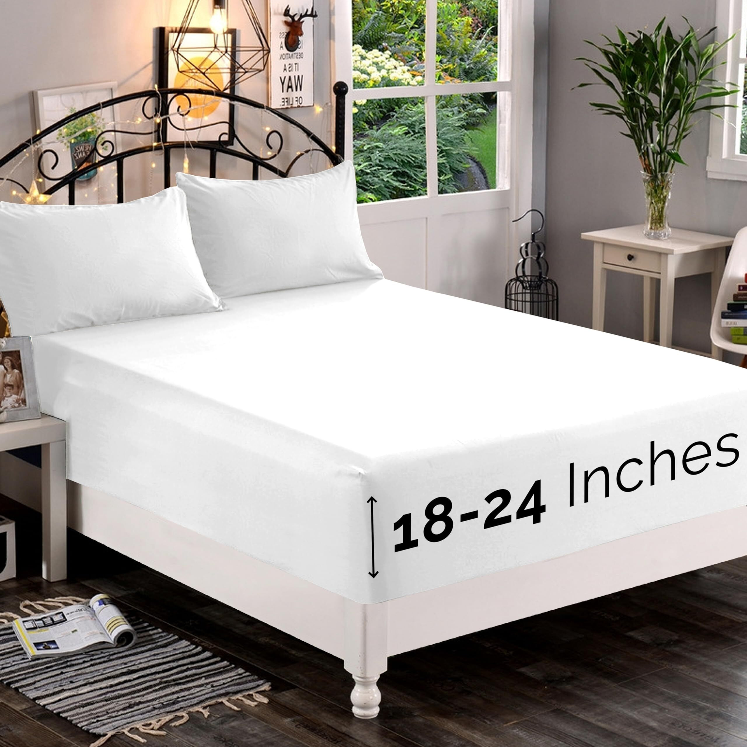 Elegant Comfort 1500 Premium Quality Fitted Sheet Ultra Soft 18-24 Inch Extra Deep Pocket - Single Fitted Sheet For High Mattress - Wrinkle Free With Smart Storage Pockets, Full, White