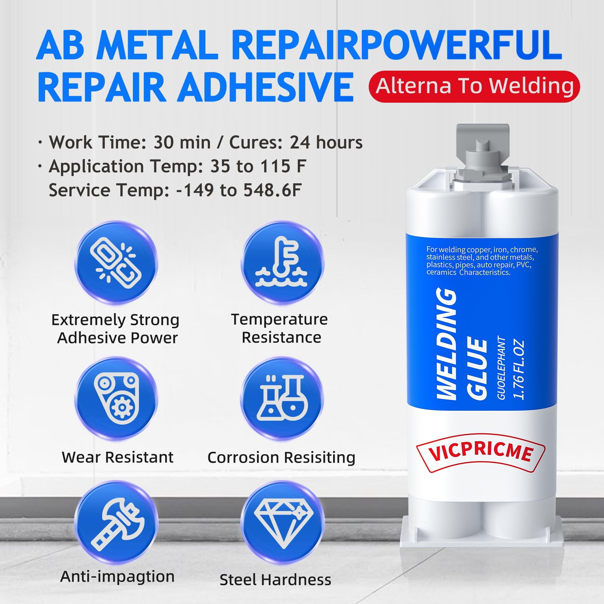 Vicpricme Metal Glue,1.76Oz 2 Part Epoxy Ab Metal Glue Heary Duty Weld ,Best Strongest Metal Epoxy All Purpose Repair For Metal Plastic Steel Ceramics Tiles Leak Sealing Welding Glue