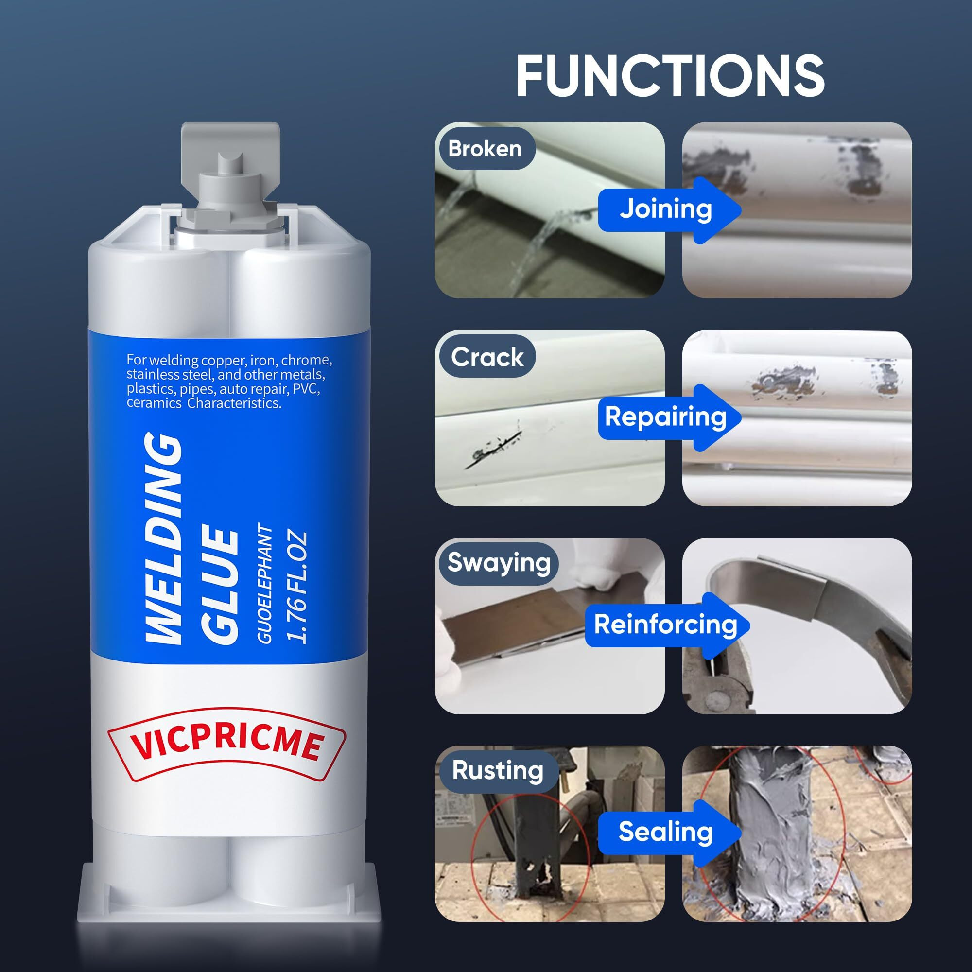 Vicpricme Metal Glue,1.76Oz 2 Part Epoxy Ab Metal Glue Heary Duty Weld ,Best Strongest Metal Epoxy All Purpose Repair For Metal Plastic Steel Ceramics Tiles Leak Sealing Welding Glue