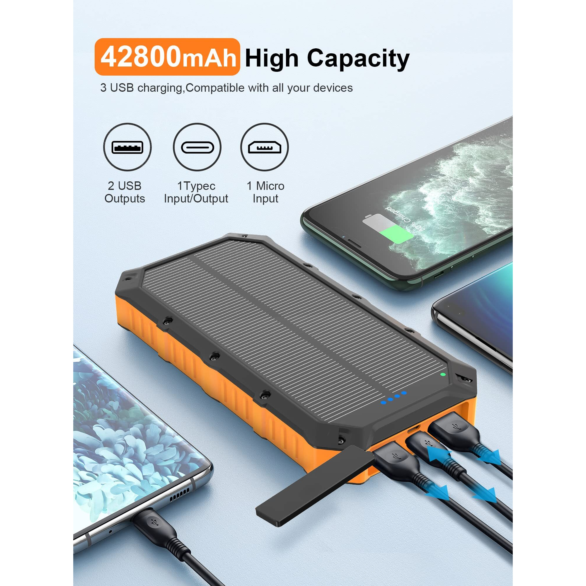 Solar-Power-Bank-Portable-Charger-42800Mah Solar Phone Charger With 4 Usb Ports/Led Flashlight Fast Charge Usb C External Backup Battery Pack Compatible With Iphone Tablet, For Outdoor, Camping