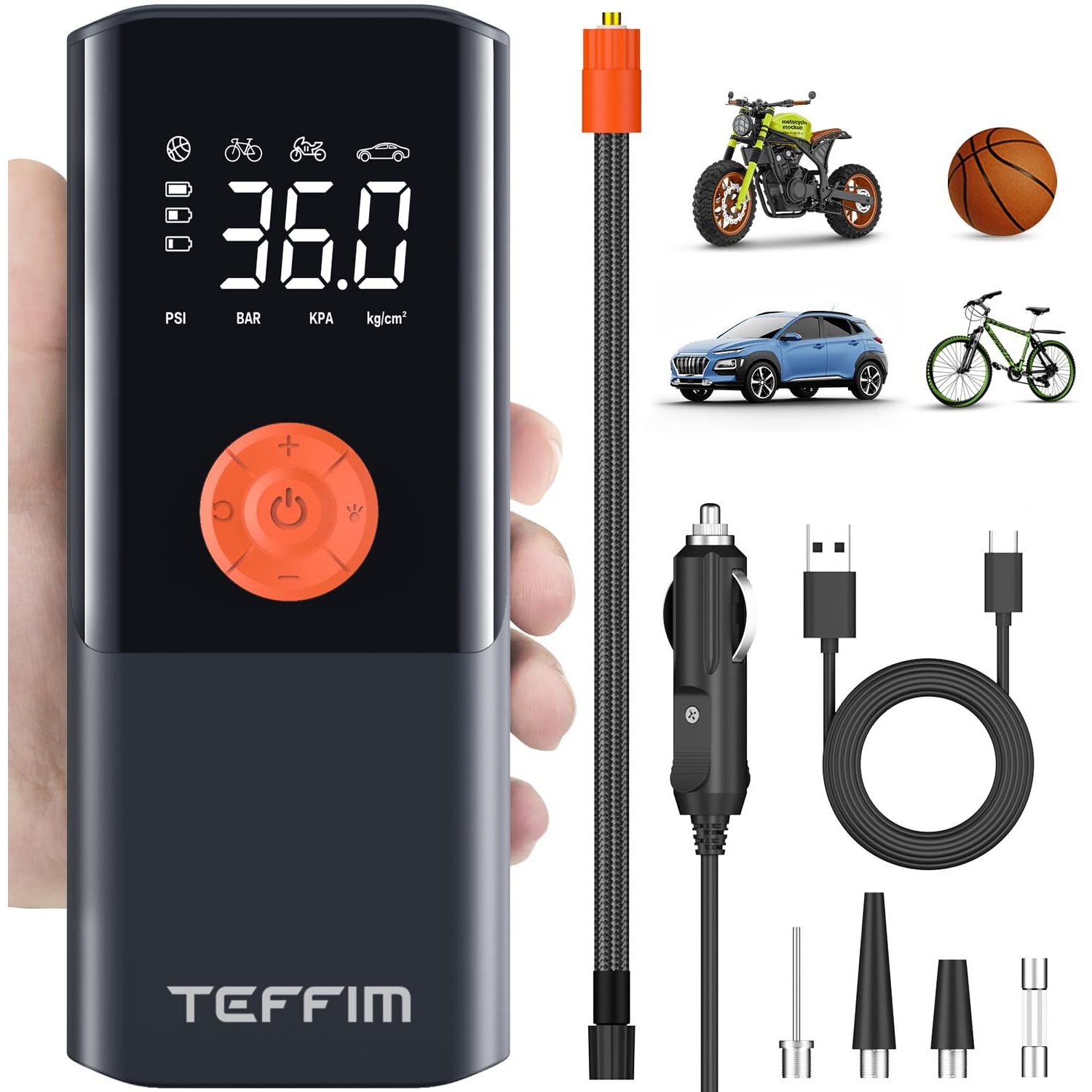 Teffim Tire Inflator Portable Air Compressor With Digital Pressure Gauge, 12V Smart Air Pump For Car Tires, Motorcycle, Suv, Electric Bike, Bicycle, Sports Balls With 10000Mah Battery & Led Light (1)