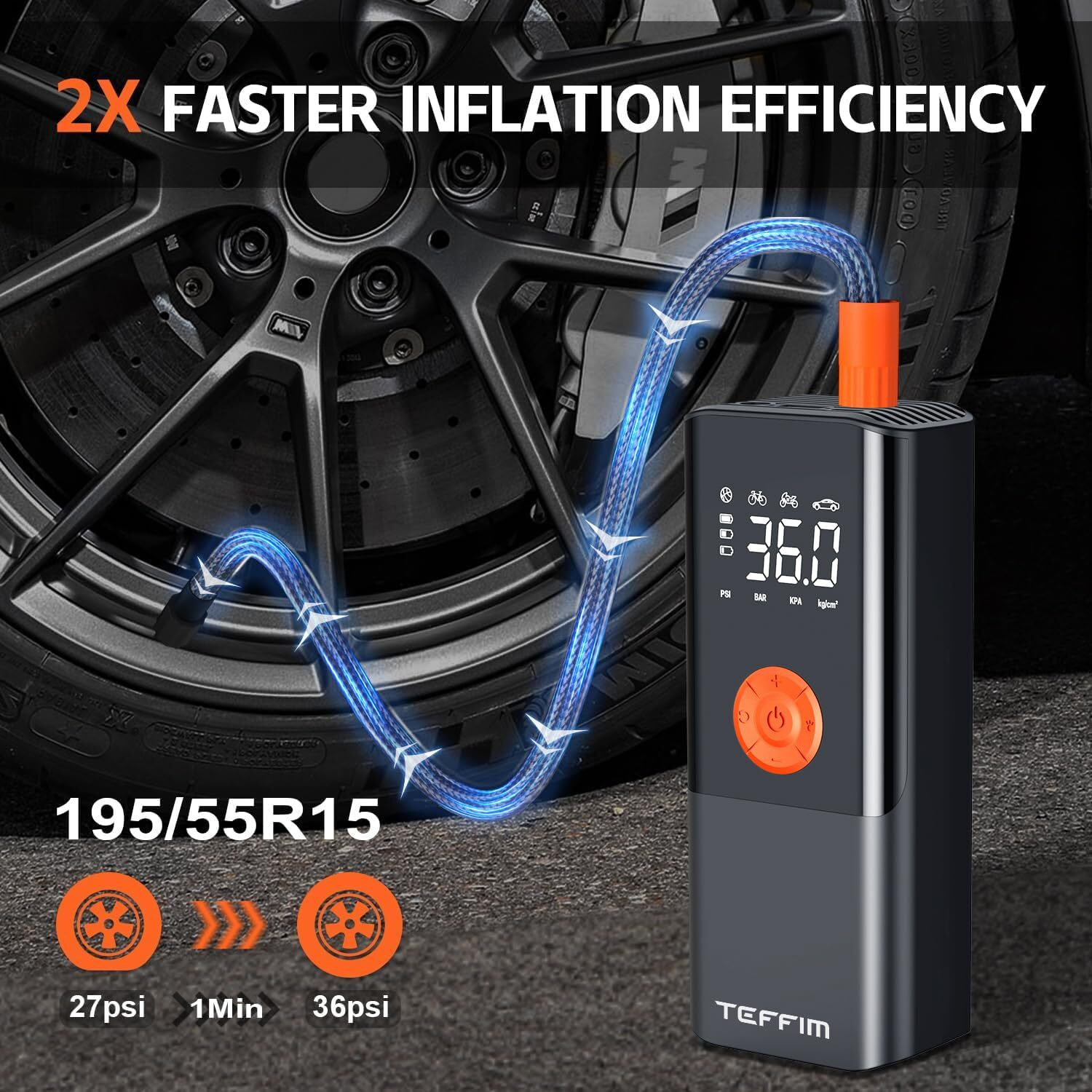 Teffim Tire Inflator Portable Air Compressor With Digital Pressure Gauge, 12V Smart Air Pump For Car Tires, Motorcycle, Suv, Electric Bike, Bicycle, Sports Balls With 10000Mah Battery & Led Light (1)