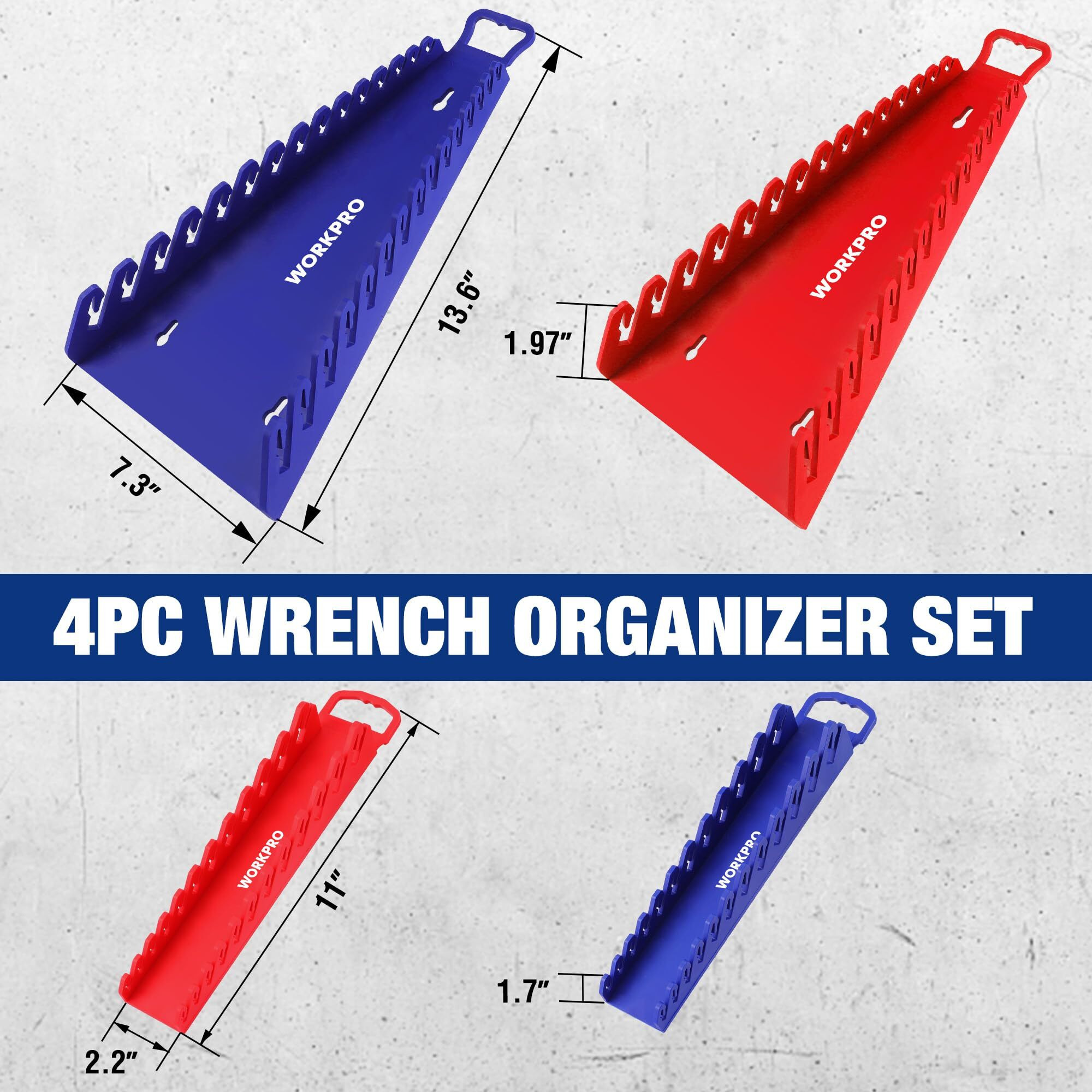 Workpro 4-Pack Magnetic Wrench Organizer, 2Pc 15-Slot And 2Pc 12-Slot Gripper Wrench Holder For Tool Boxes, Flexible Gripping Teeth And Carrying Handle, Fit For Sae And Metric, Blue, Red