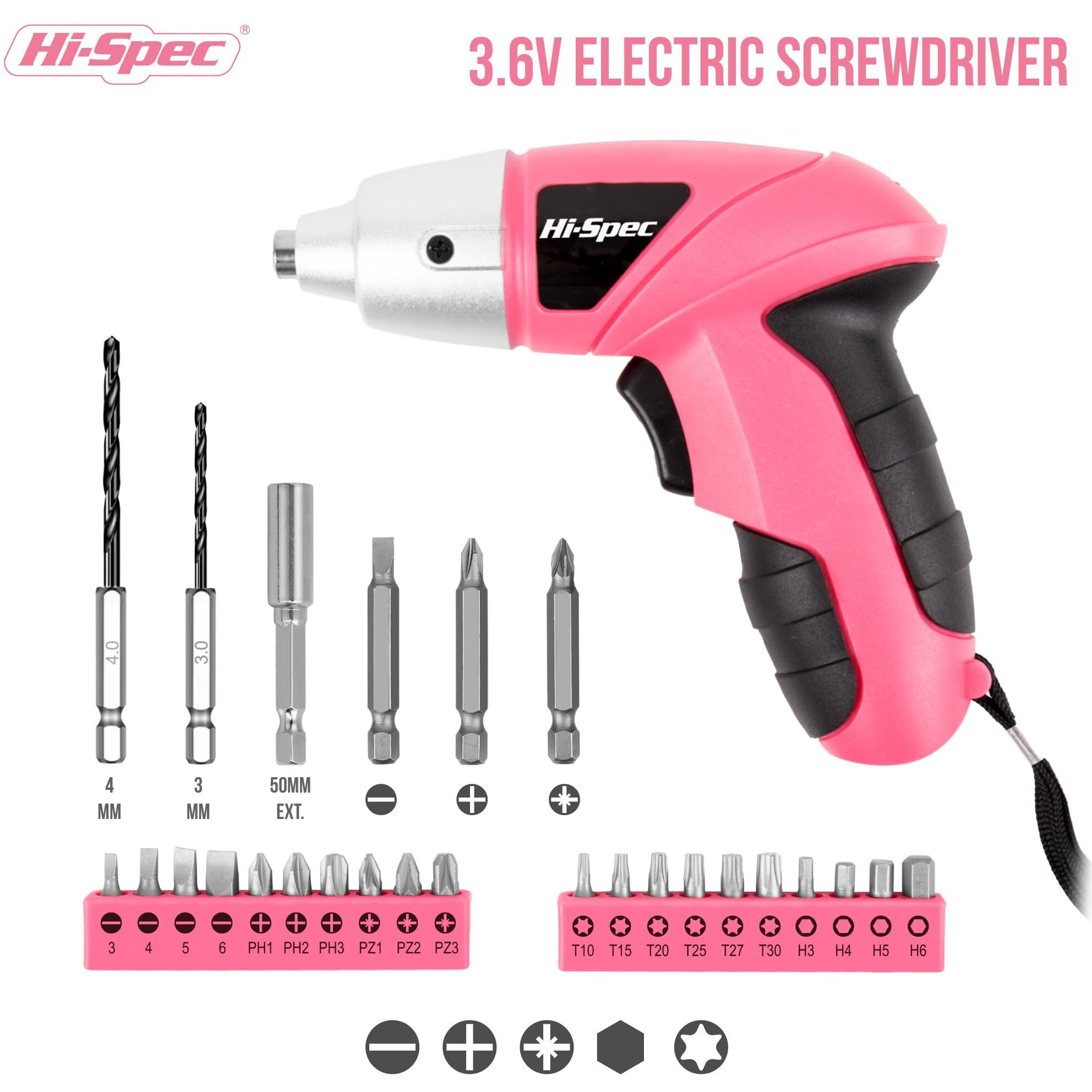 Hi-Spec Electric Screwdriver 27Pc 3.6V Pink Usb Small Power Screwdriver Set. Cordless Screwdriver & Rechargeable Screwdriver With Driver Bit Set