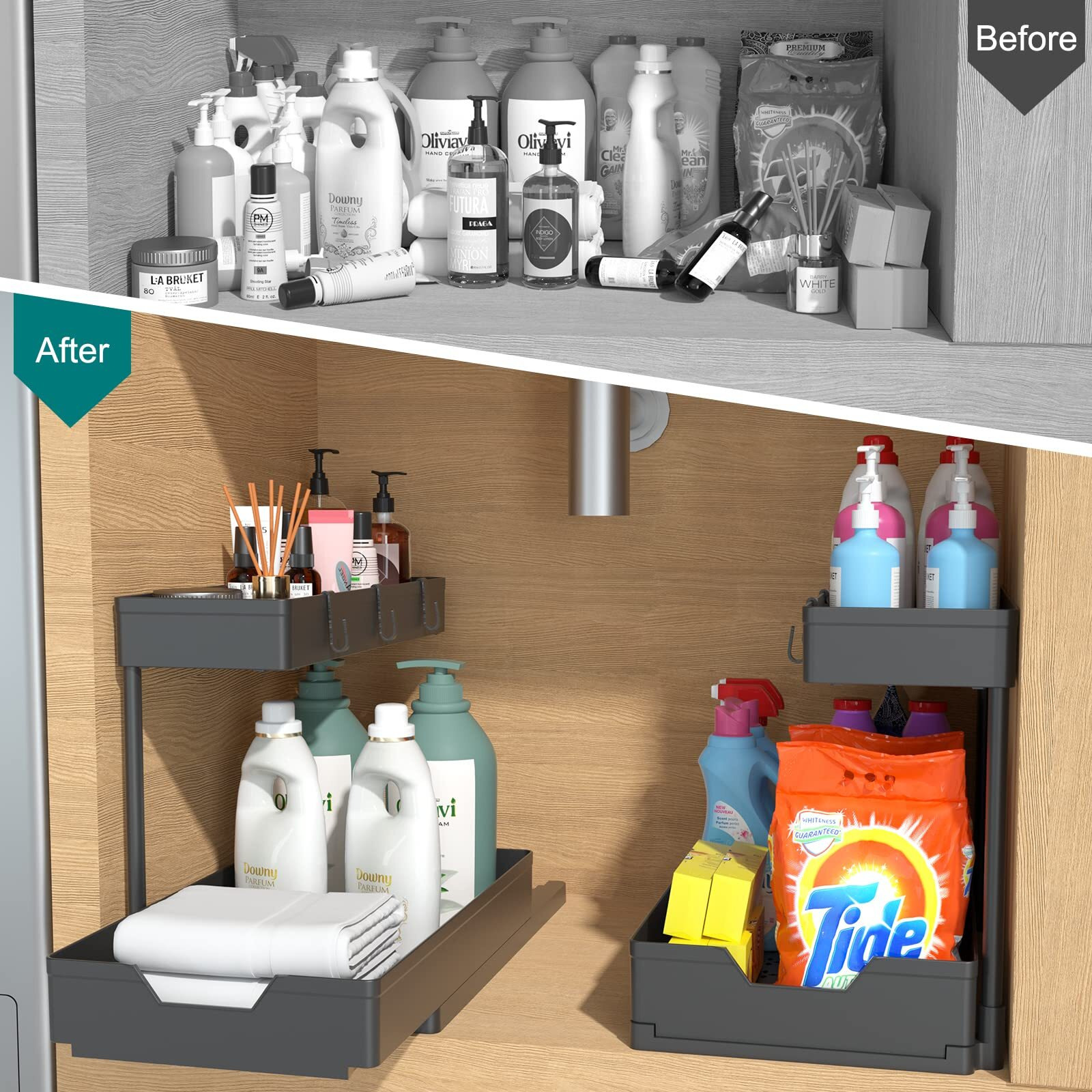 Nature's Source Under Sink Organizers, Sliding L-Shape Cabinet Organizers Narrow Space Storage Multi-Purpose Sink Organizer For Bathroom Kitchen Drawer (Black, 1 Pack)