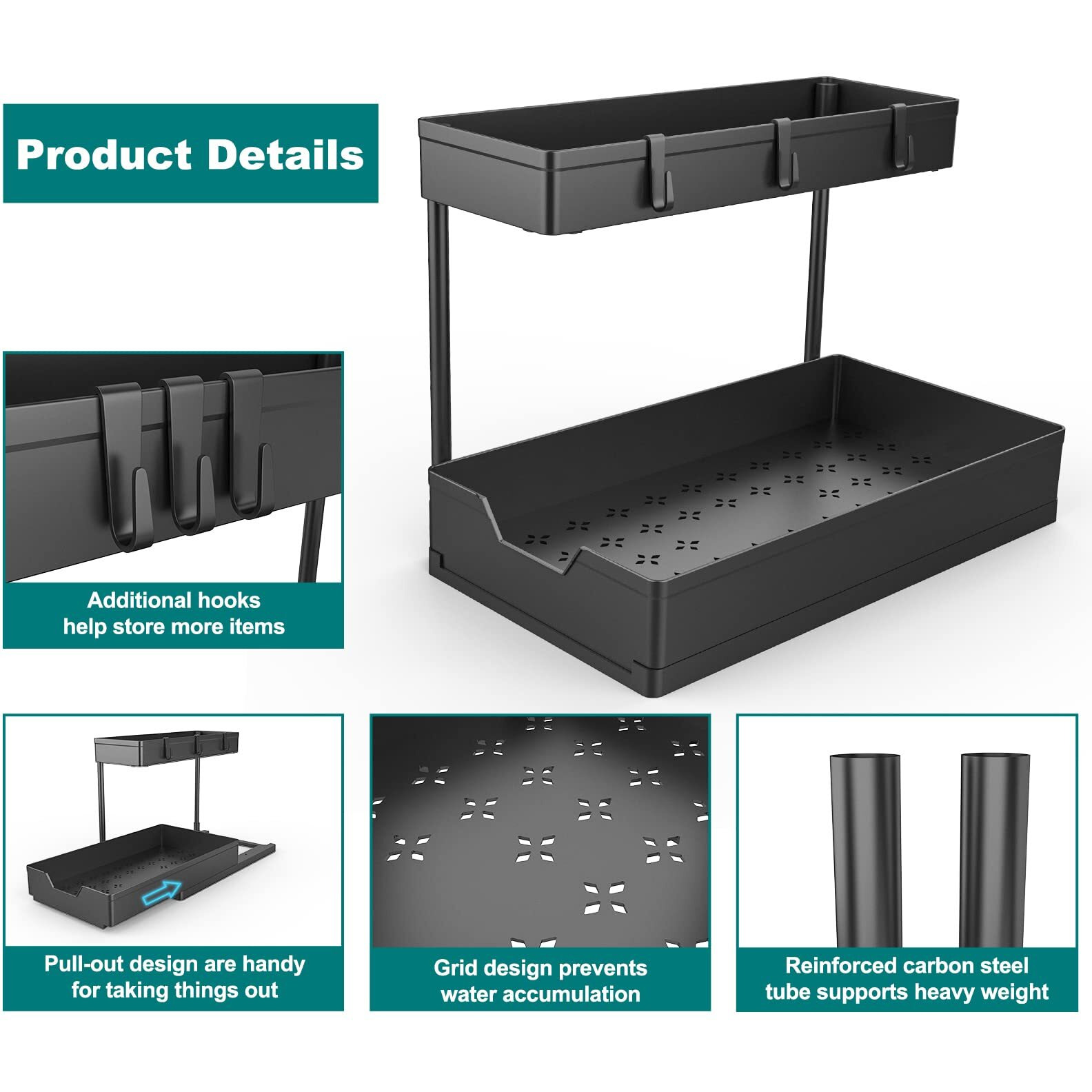 Nature's Source Under Sink Organizers, Sliding L-Shape Cabinet Organizers Narrow Space Storage Multi-Purpose Sink Organizer For Bathroom Kitchen Drawer (Black, 1 Pack)
