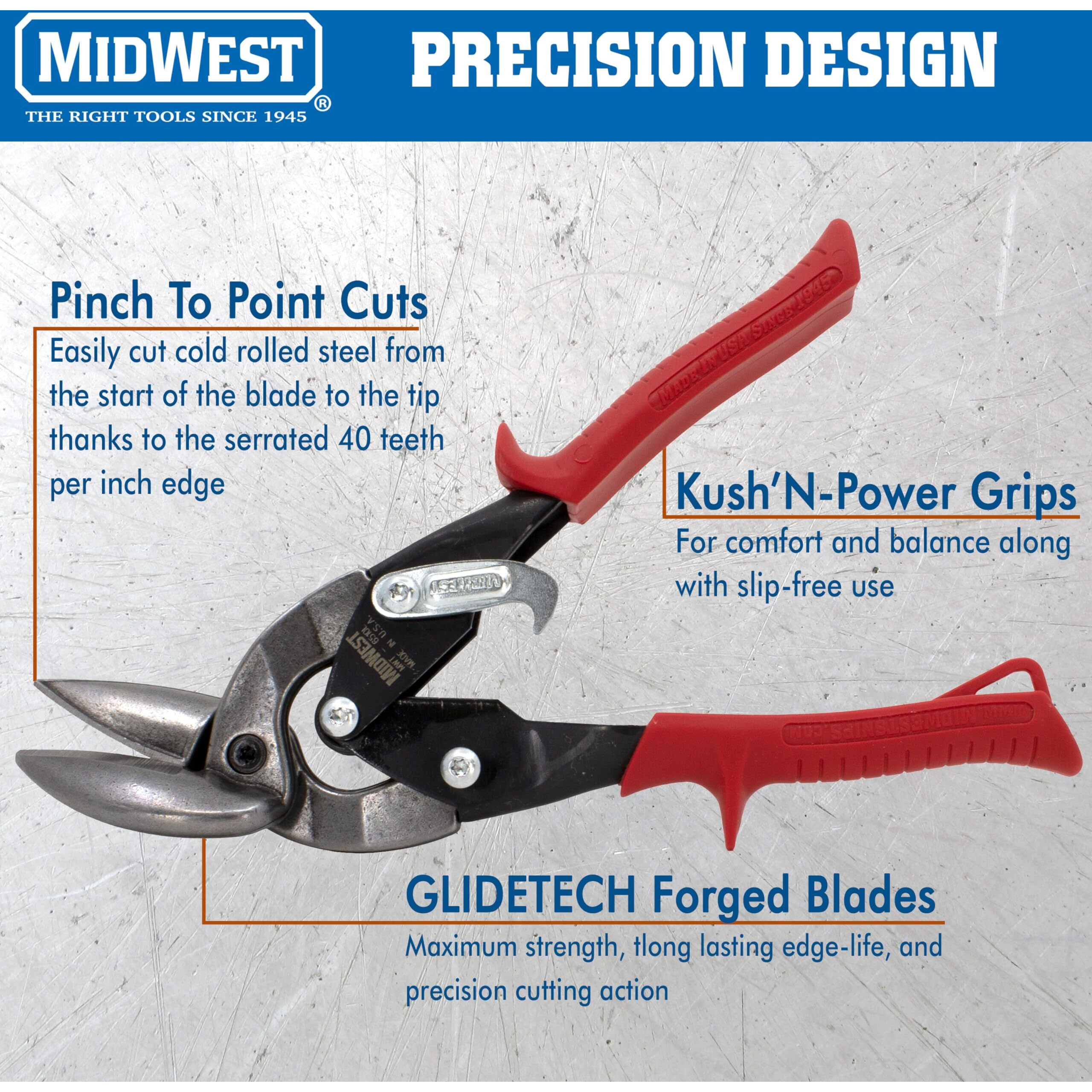 Midwest Tool And Cutlery Aviation Snip - Left Cut Offset Tin Cutting Shears With Forged Blade & Kush'N-Power Comfort Grips - Mwt-6510L