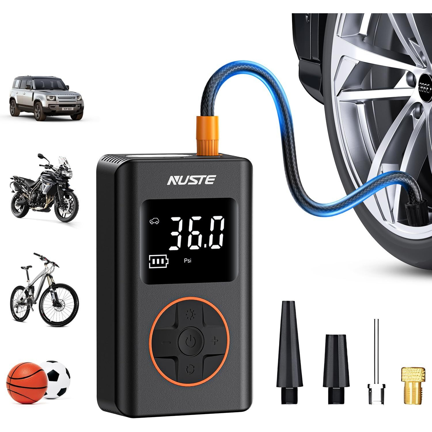 Nuste Tire Inflator Portable Air Compressor - 150 Psi Cordless Mini Bike Tire Pump, Air Pump For Car Motorcycle Bicycle Tires, Balls, With Pressure Gauge, Led Light