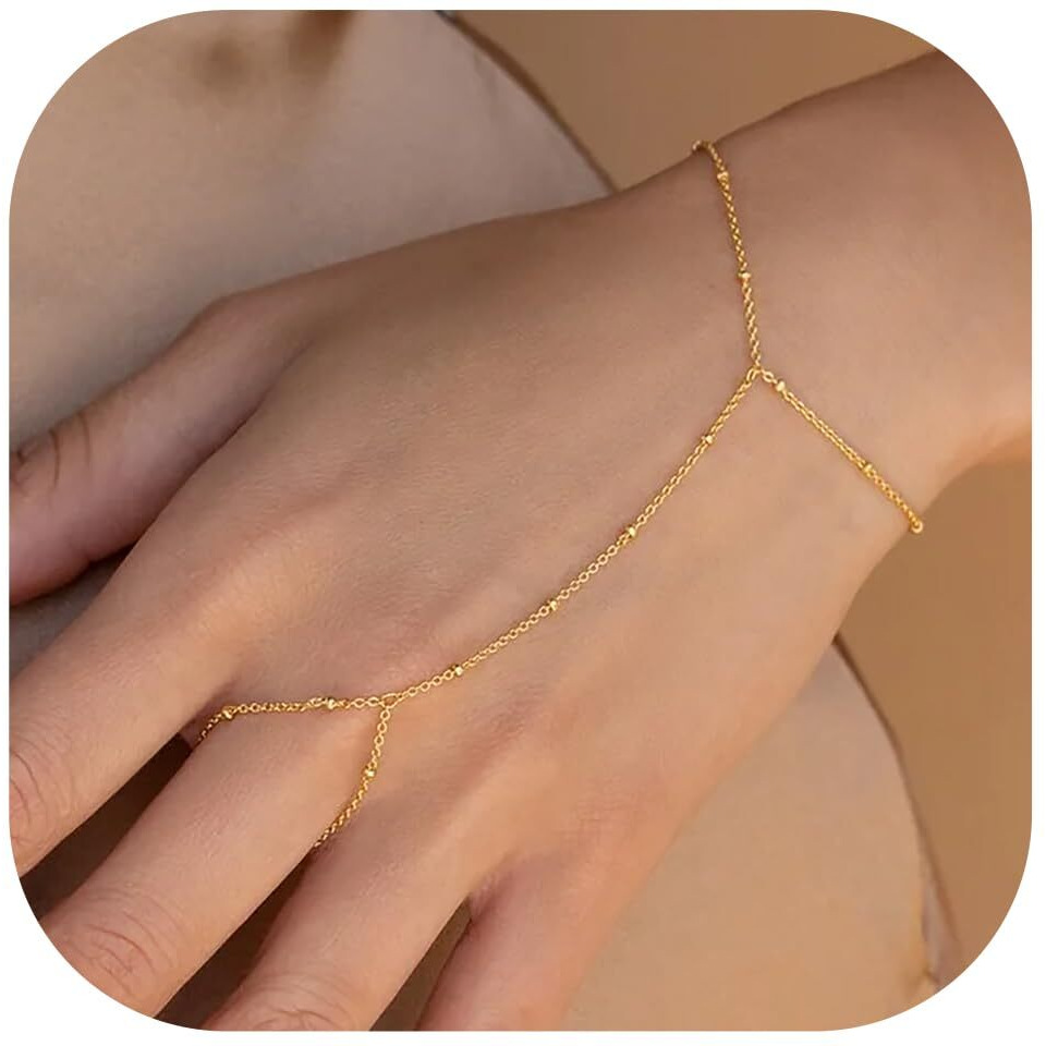 Poxtex Gold Beaded Bracelets For Women, 14K Real Gold Hand Chain Bracelets, Dainty Adjustable Bracelets For Women Trendy, Jewelry Gifts For Women, Mother's Day Gifts For Mom