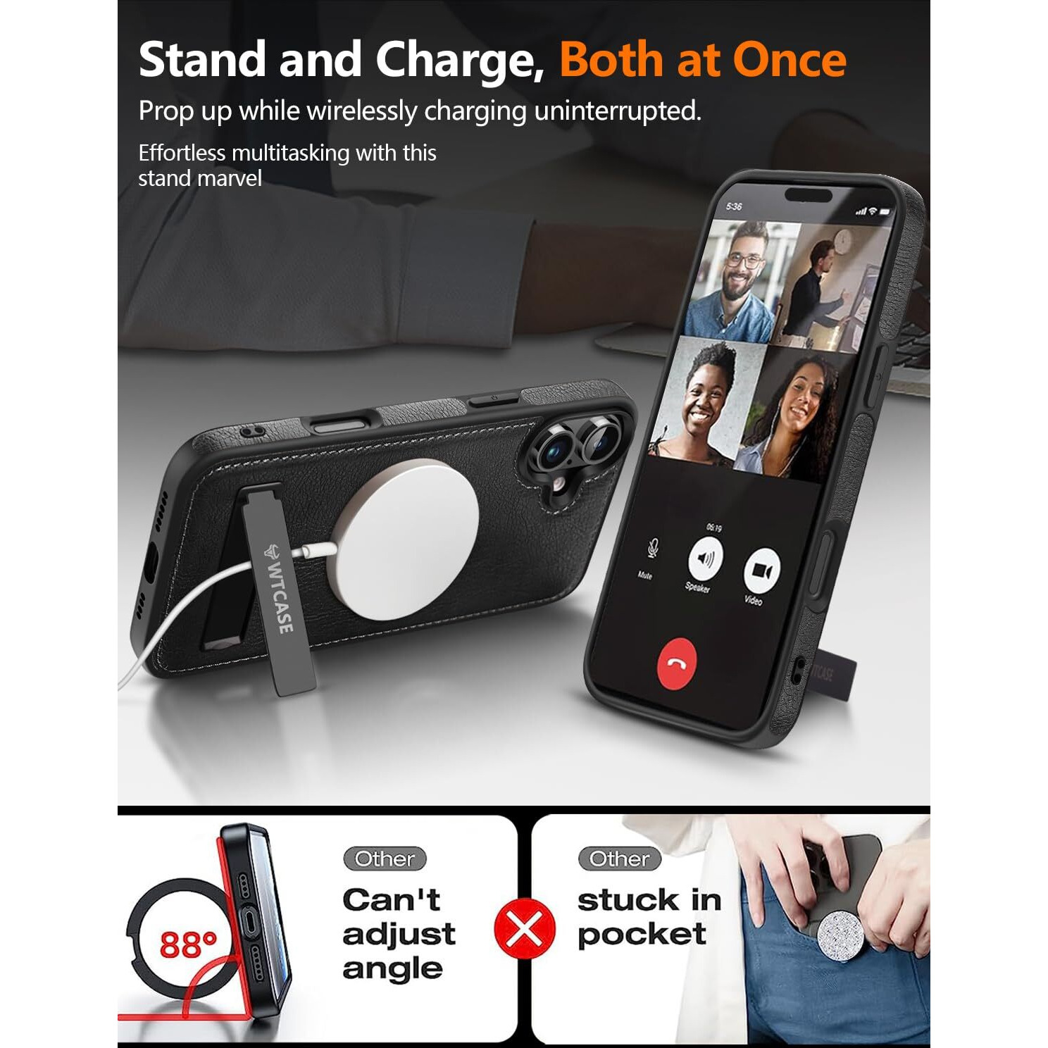Wtcase Magnetic For Iphone 16 Plus Leather Case,Built-In Invisible Stand [Compatible With Magsafe] Protective Slim Kickstand Phone Cover Compatible With Iphone 16 Plus (2024) 6.7"" (Black)
