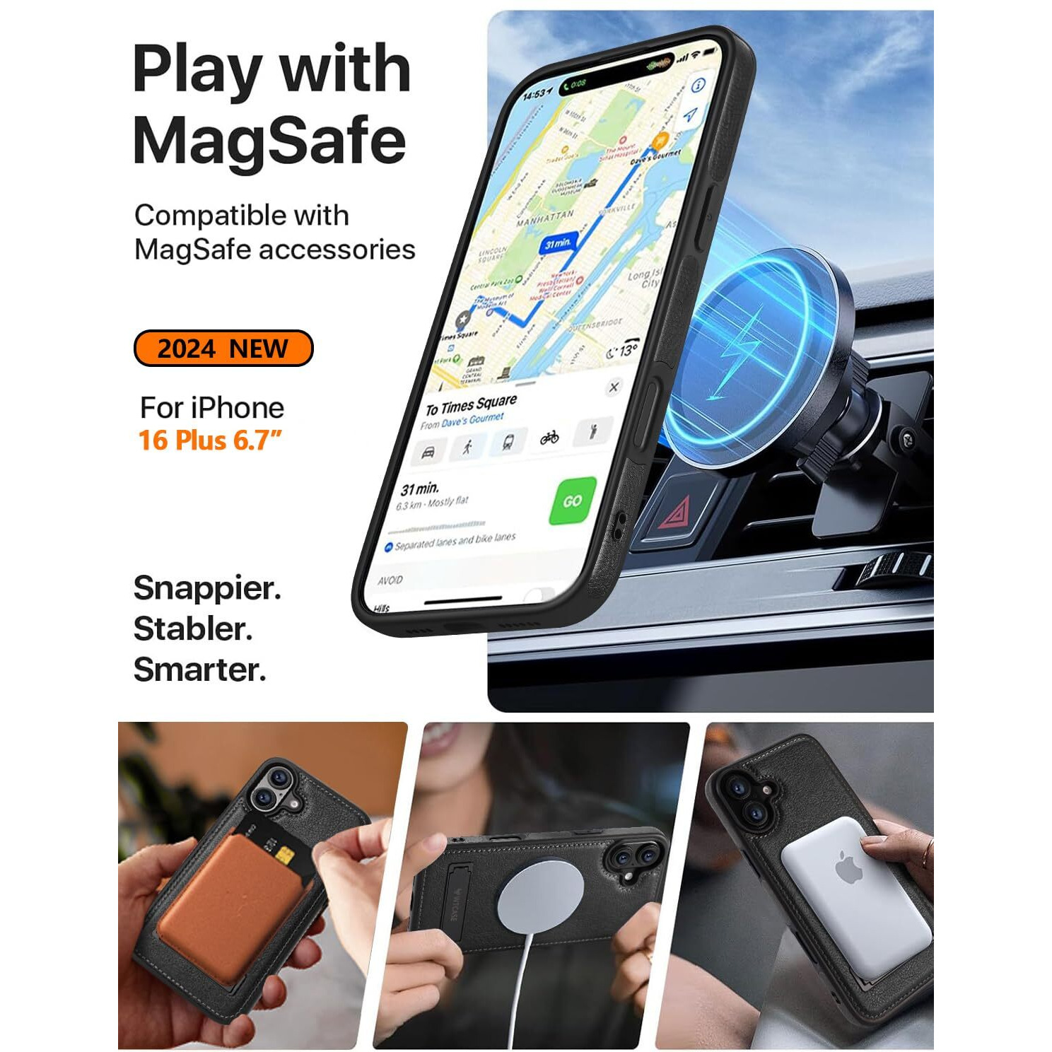 Wtcase Magnetic For Iphone 16 Plus Leather Case,Built-In Invisible Stand [Compatible With Magsafe] Protective Slim Kickstand Phone Cover Compatible With Iphone 16 Plus (2024) 6.7"" (Black)